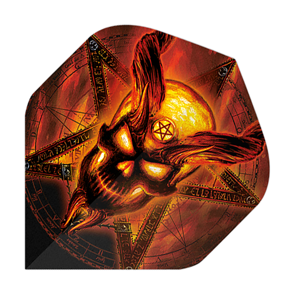 Świątynia Płonącego Alchemii nr 2 Standardowe Loty Das Bild zeigt einen Dartflight mit einem brennenden, dämonischen Schädel und einem Pentagramm im Hintergrund. Die Farben sind hauptsächlich in Rot-, Orange- und Gelbtönen gehalten, was das feurige Design betont.