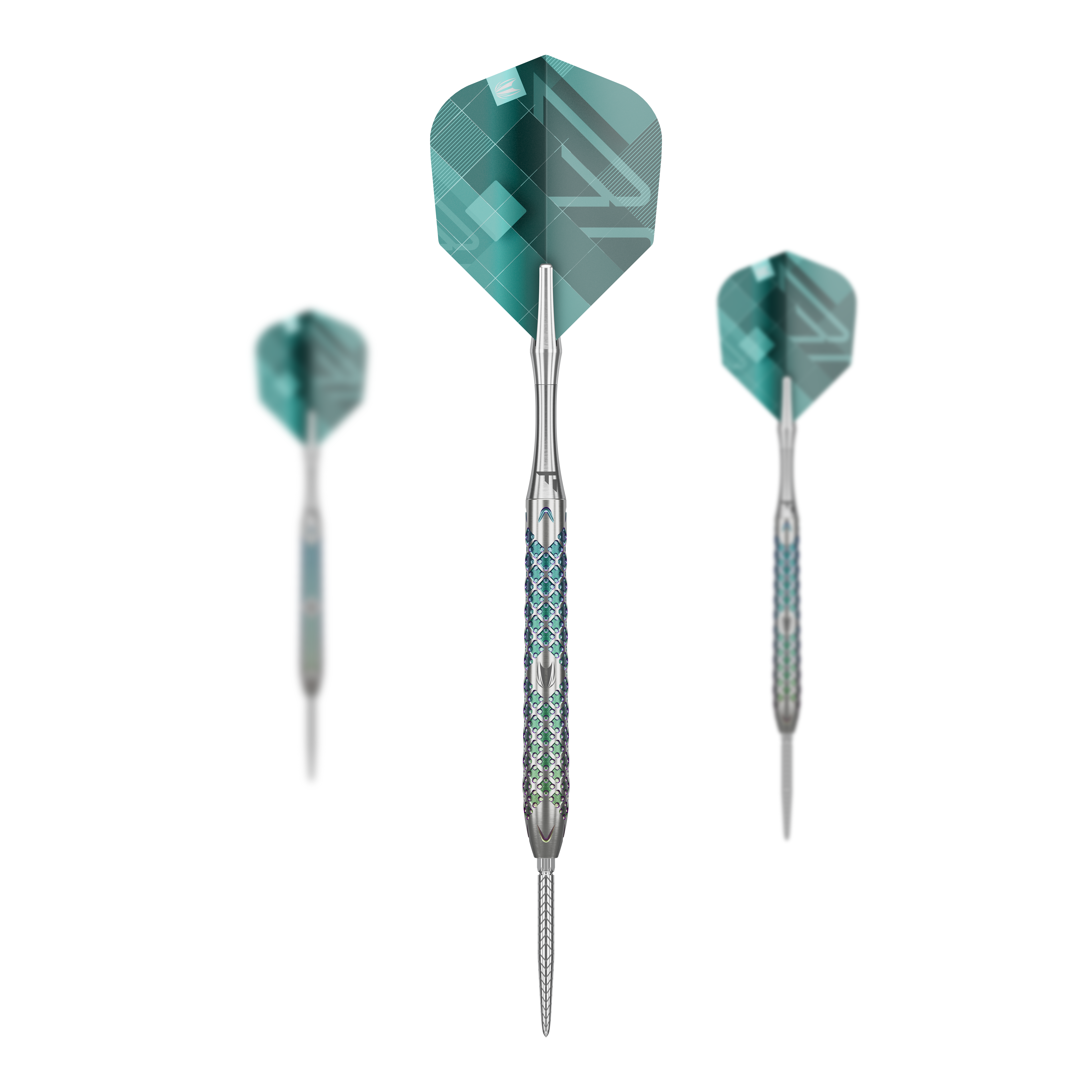Stalowe lotki Target Rove 03 Swiss Point Das Bild zeigt drei Target Rove 03 Swiss Point Steeldarts mit silbernem Schaft und blauen Akzenten. Die Flights sind grün-blau gemustert und die Darts stehen vor einem schwarzen Hintergrund.