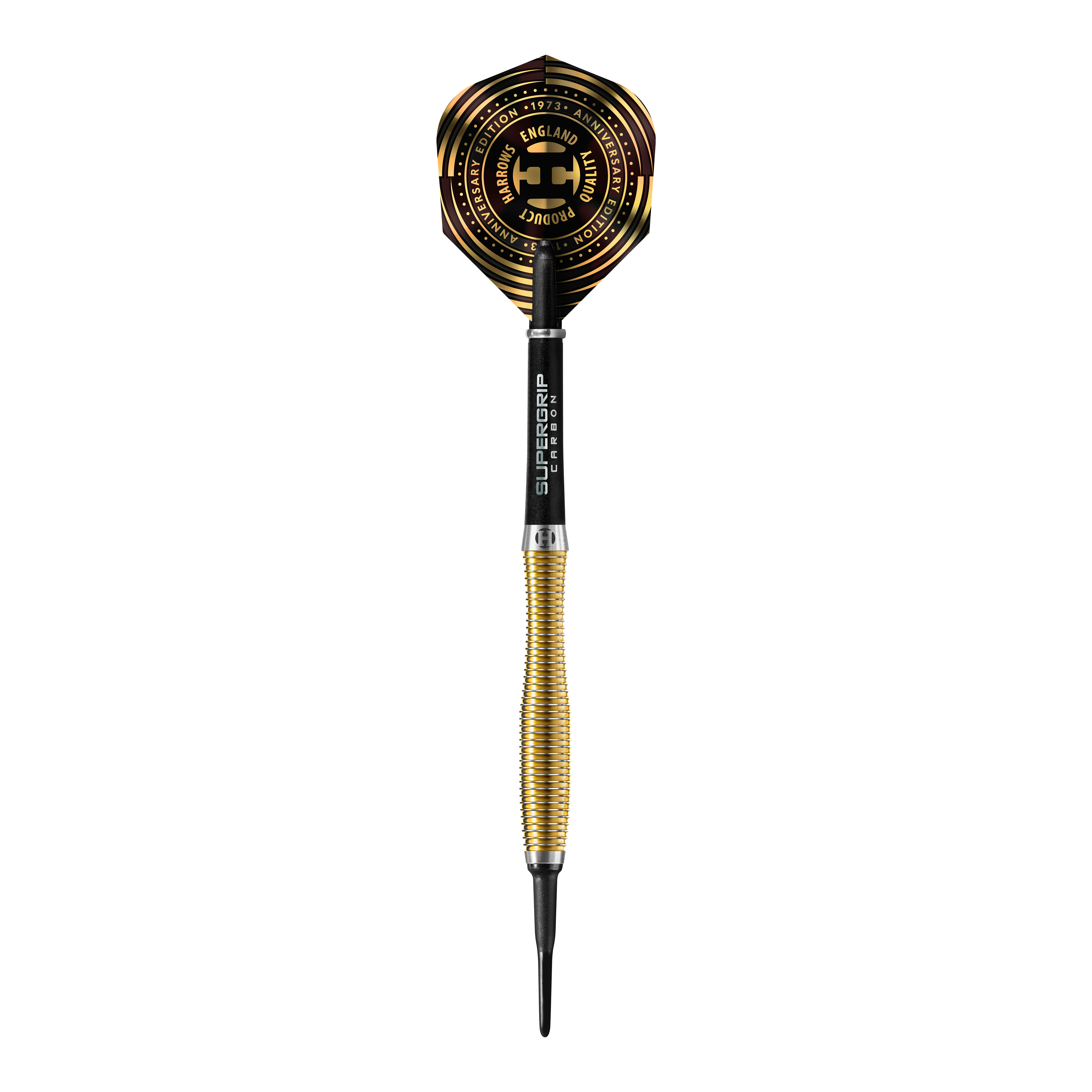 Harrows Anniversary Edition V-Wing Soft Darts - 18g Das Bild zeigt einen Harrows Anniversary Edition V-Wing Softdart mit einem Gewicht von 18g. Der Dartpfeil hat einen goldfarbenen, gerillten Schaft und ein auffälliges Flight-Design in Schwarz und Gold.
