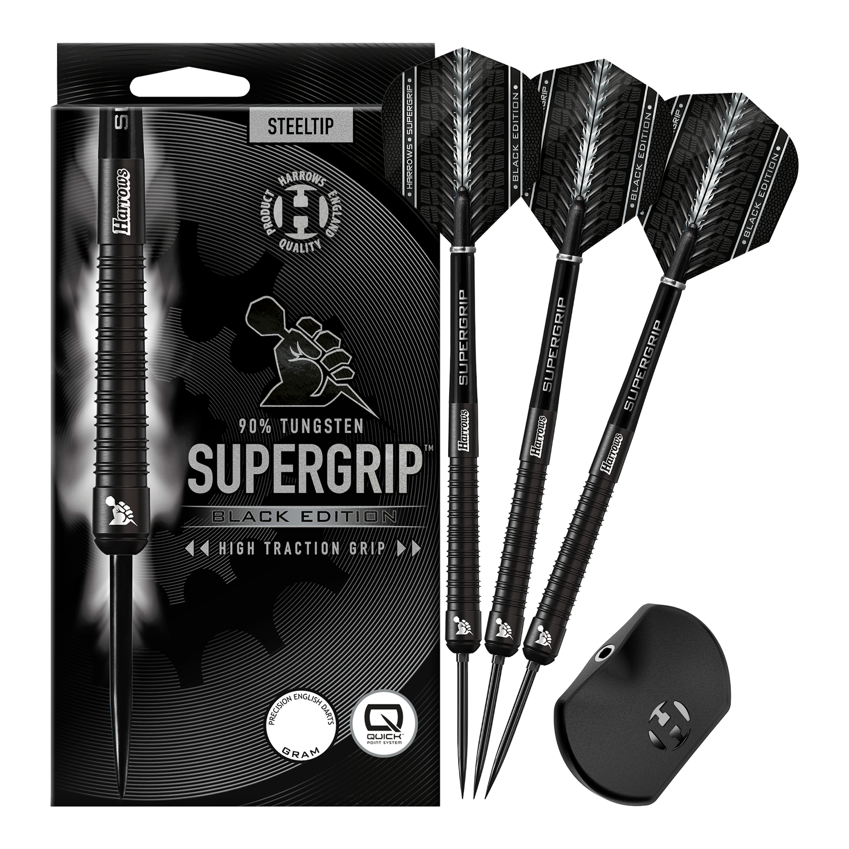Lotki stalowe Harrows Supergrip 90 Black Edition Quick Point Harrows Supergrip 90 Black Edition Quick Point Steeldarts zeigen ein edles schwarzes Aussehen. Sie sind perfekt für ambitionierte Dartspieler geeignet.