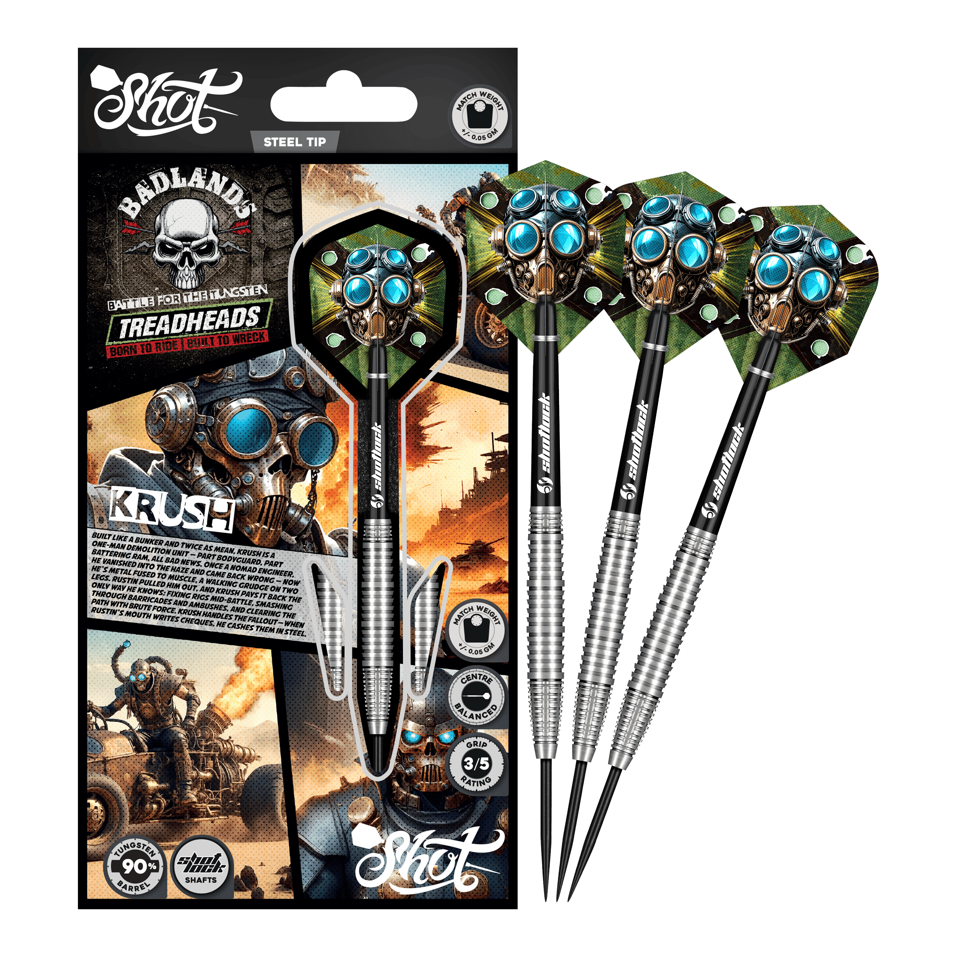 Stalowe lotki Shot Badlands Krush Dargestellt ist das komplette Shot Badlands Krush Steeldarts Set. Das Produkt ist ideal zum gezielten Werfen.
