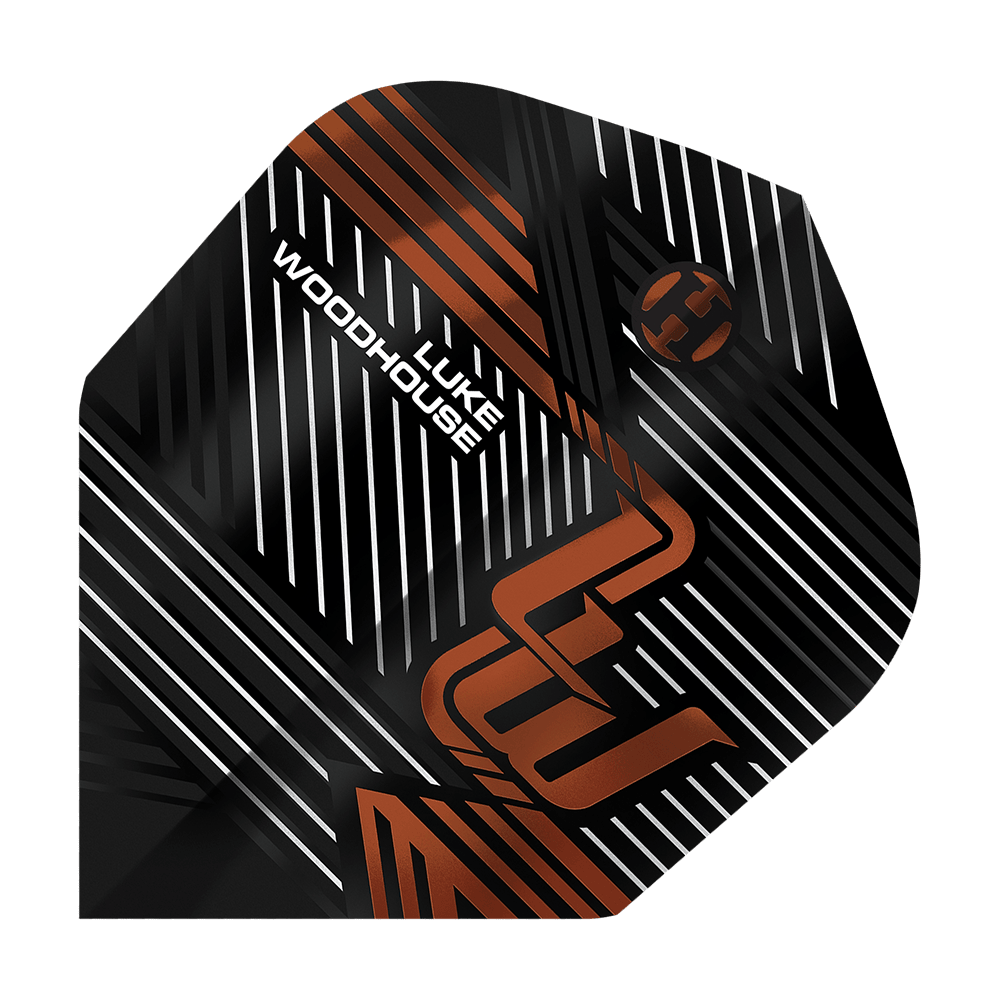 Harrow's Luke Woodhouse Series 2 Flights Das Bild zeigt das Produkt "Harrows Luke Woodhouse Series 2 Flights". Auf dem Flight sind schwarze, weiße und kupferfarbene Linien mit dem Namen "Luke Woodhouse" abgebildet.
