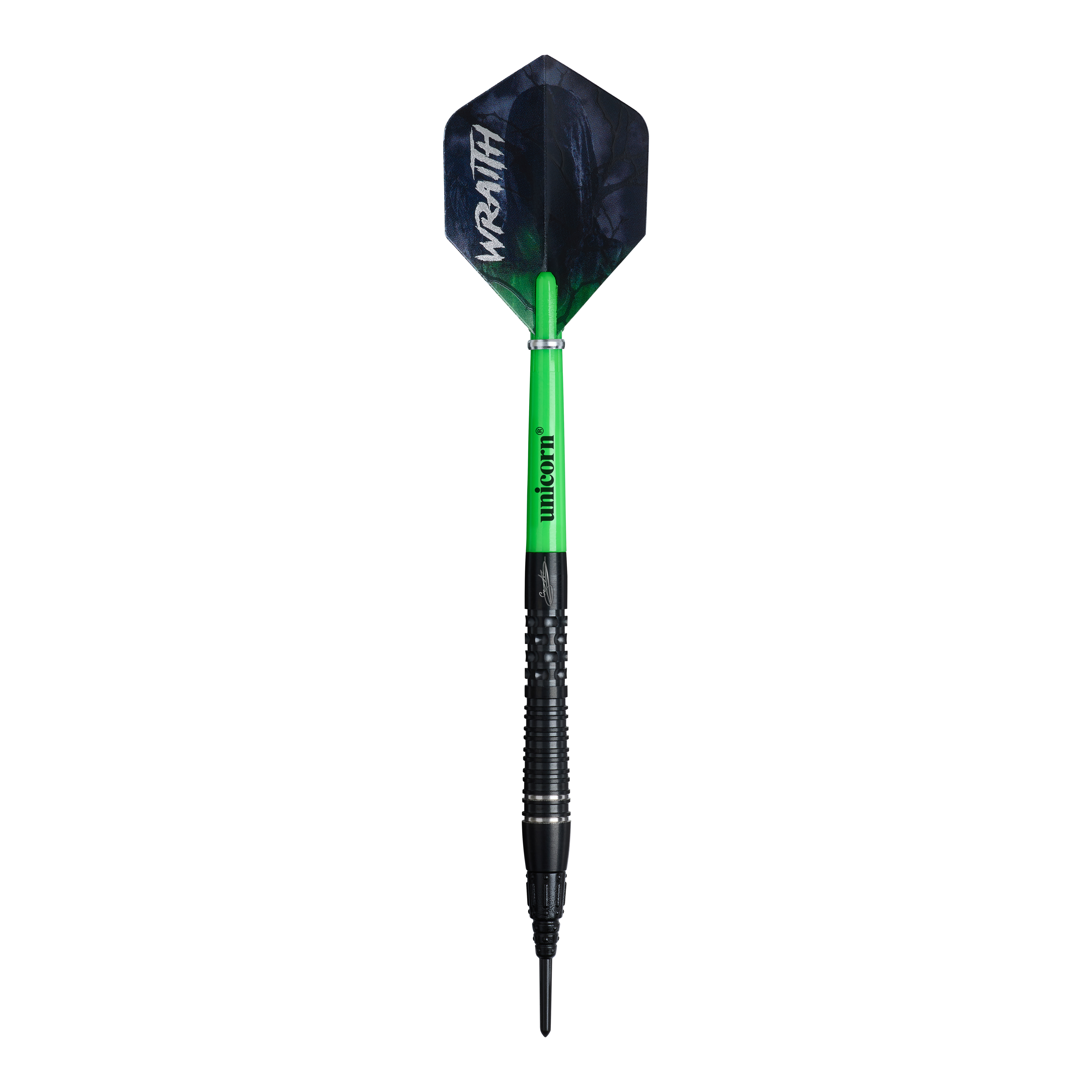 Unicorn Wraith Gary Anderson Phase 6 Softdarts mit einem Gewicht von 20g ist zu sehen. Der Softdart wird von der Seite gezeigt.
