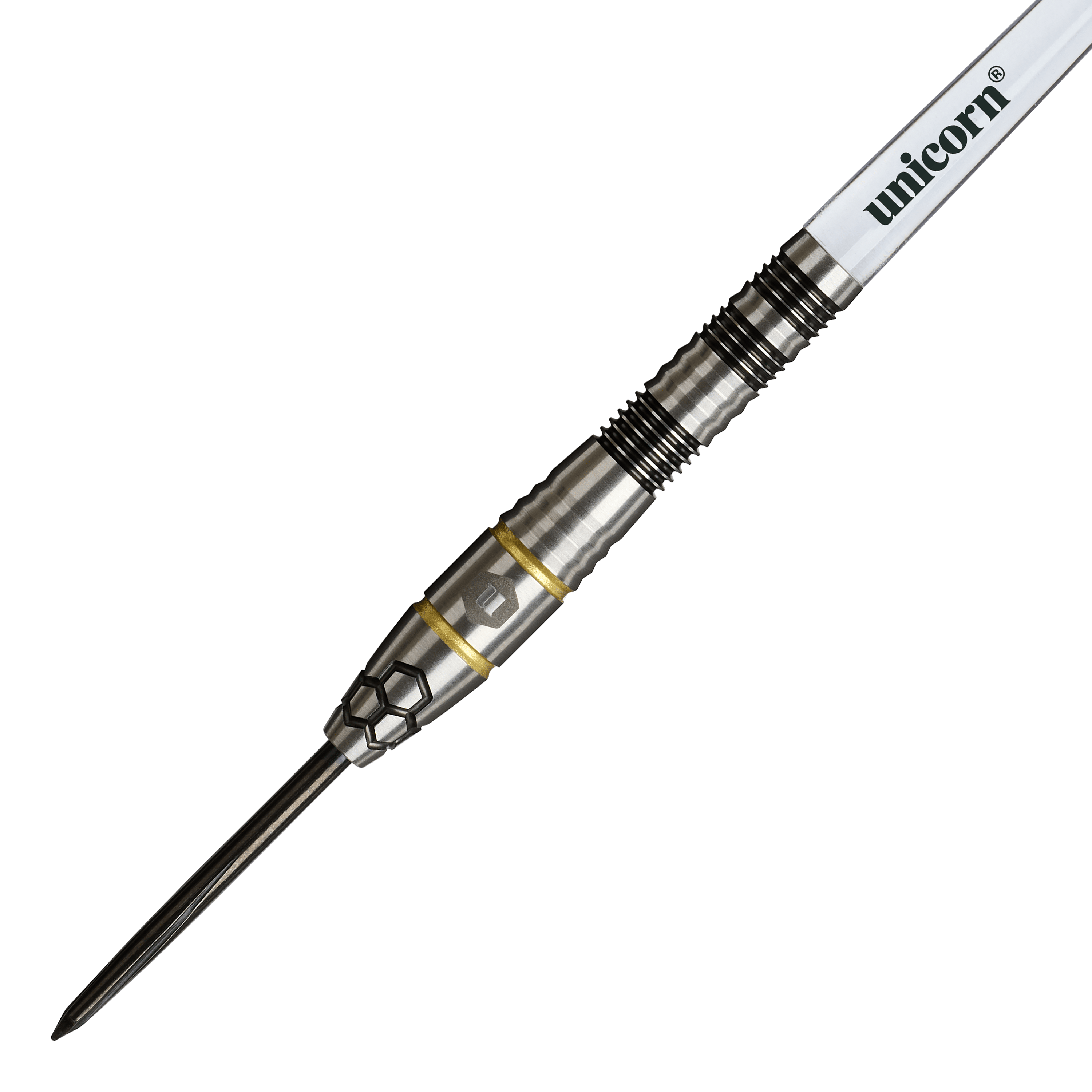 Unicorn Hexium Style 01 Czarno-złote Steeldarts Auf diesem Foto sind die Unicorn Hexium Style 01 Black & Gold Steeldarts zu sehen. Die Darts heben sich durch ihr elegantes Design in Schwarz und Gold hervor.