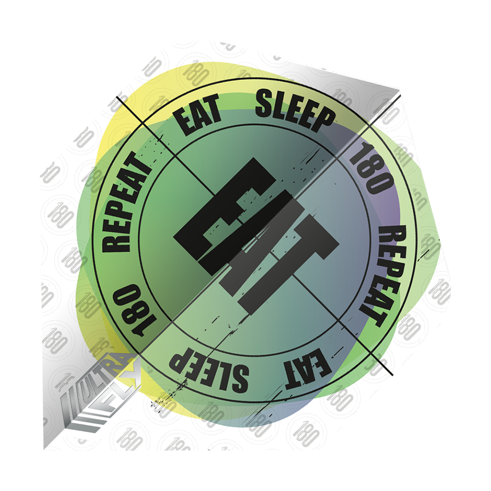 UN35_69020_Unicorn_Ultrafly_100_Eat_Sleep_180_Repeat_Plus_4-Motiv-Flights_1 Das Bild zeigt einen Dartflight mit dem Text "EAT SLEEP 180 REPEAT" in einem kreisförmigen Design. In der Mitte steht das Wort "EAT" in großen Buchstaben.