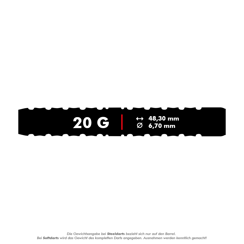 Softdarts Parallel Red Dragon Astraeus Q4X - 20g Das Bild zeigt die Produktinformationen der Red Dragon Astraeus Q4X Parallel Softdarts mit 20 Gramm Gewicht. Die Darts sind 48,30 mm lang und haben einen Durchmesser von 6,70 mm.