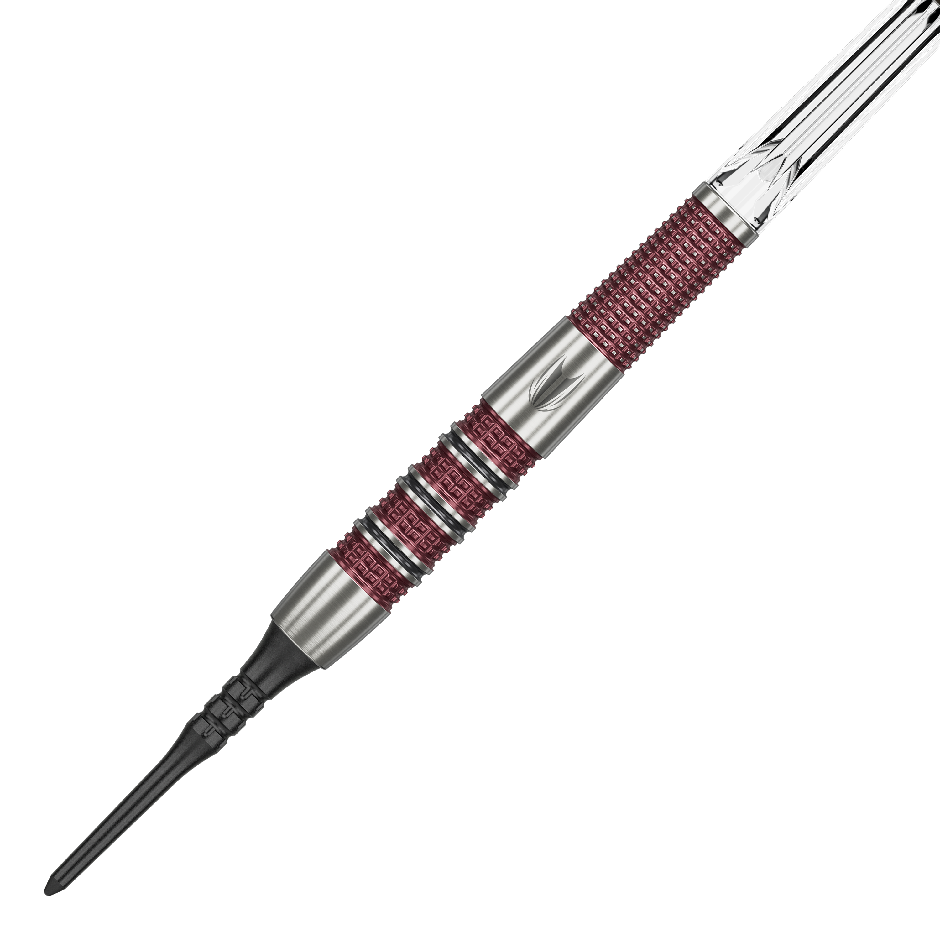 Target Stephen Bunting 95K Miękkie lotki - 19g Das Bild zeigt einen Target Stephen Bunting 95K Softdart mit einem Gewicht von 19 Gramm. Der Dart hat ein silbernes und rotes Griffdesign mit einer schwarzen Softspitze.