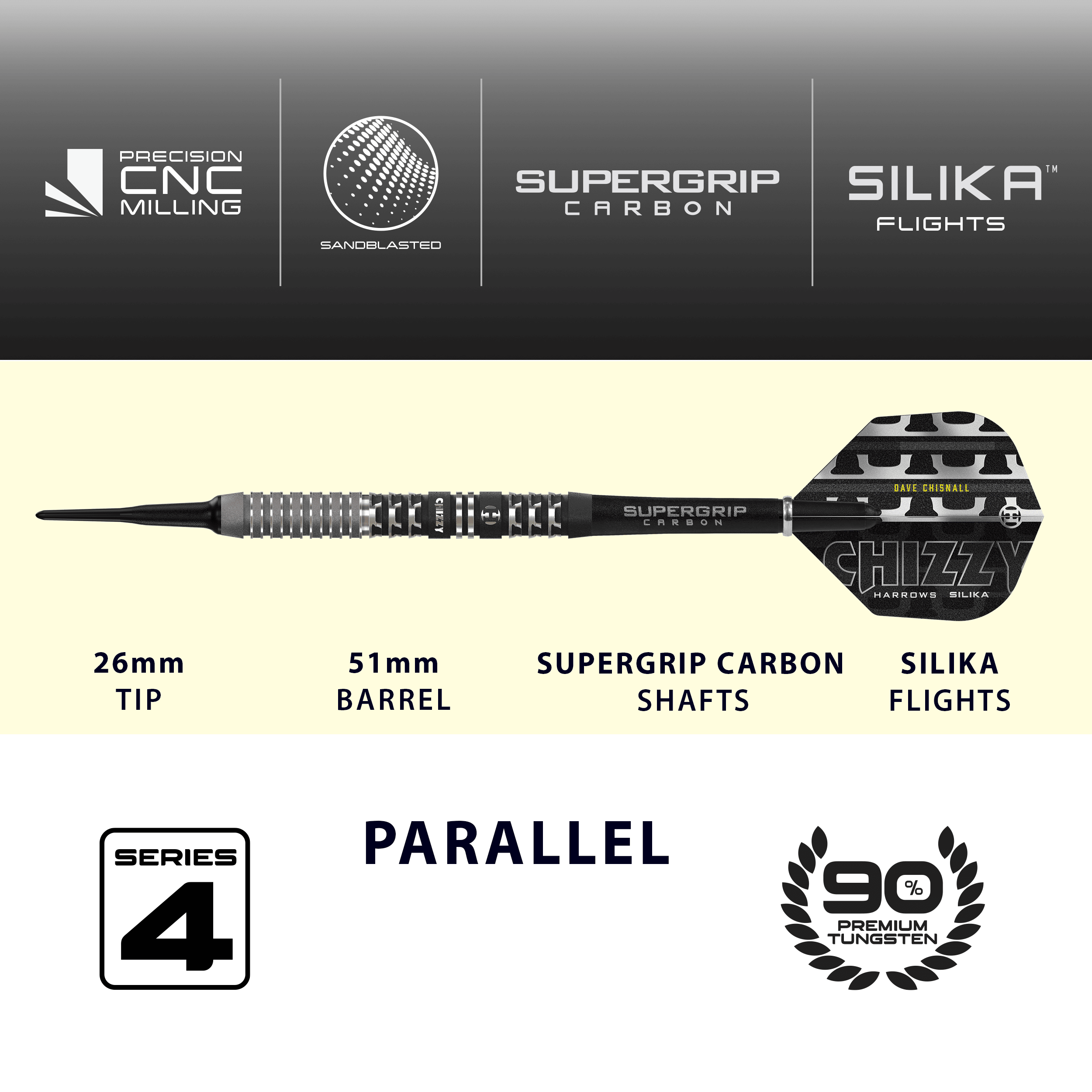 Harrow's Dave Chisnall Chizzy Series 4 miękkie lotki Das Produkt ist die Harrows Dave Chisnall Chizzy Series 4 Softdarts. Es richtet sich an Spieler, die Softdarts bevorzugen.