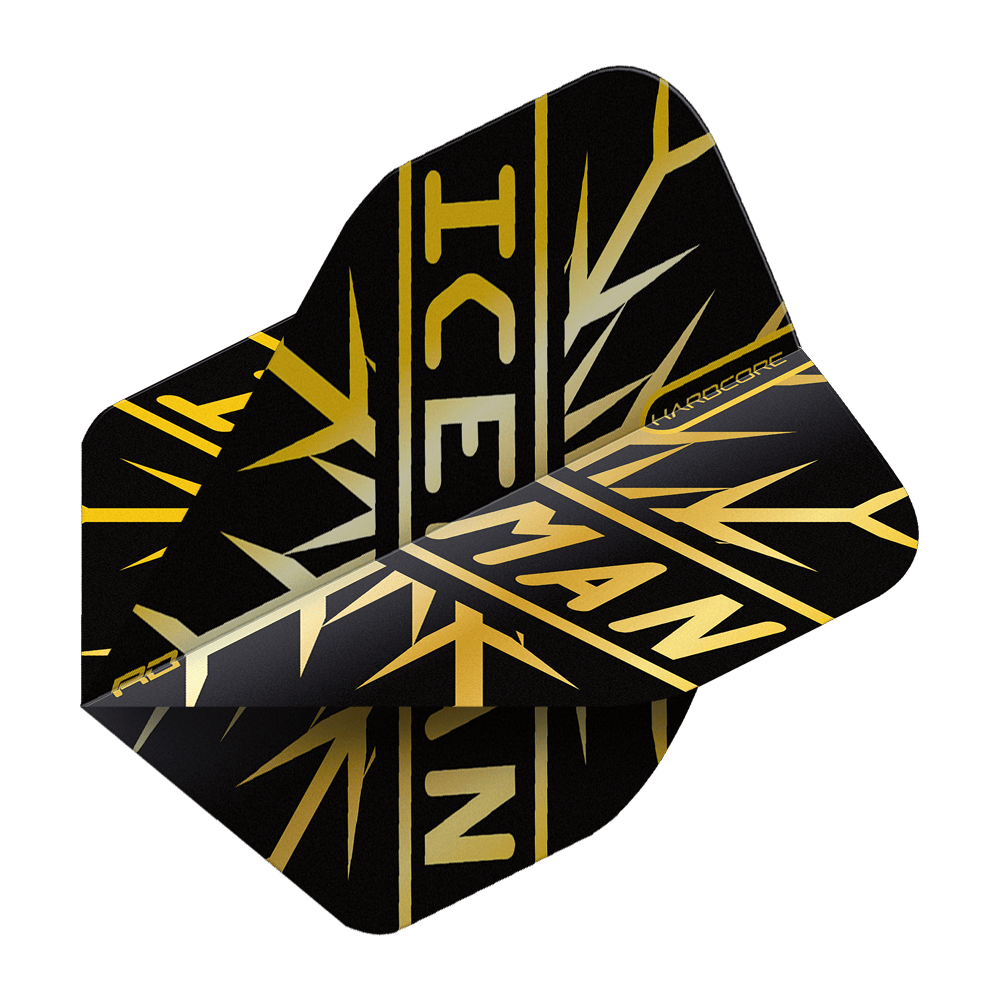TF6844_Red_Dragon_Hardcore_Gerwyn_Price_Gold_Snowflake_Standard_Flights_2ayv7XRL8q6go3 Das Bild zeigt einen schwarzen Dart Flight mit goldfarbenem Schneeflockenmuster und dem Schriftzug "ICEMAN". Es handelt sich um das Produkt "Red Dragon Hardcore Gerwyn Price Gold Snowflake Standard Flights".