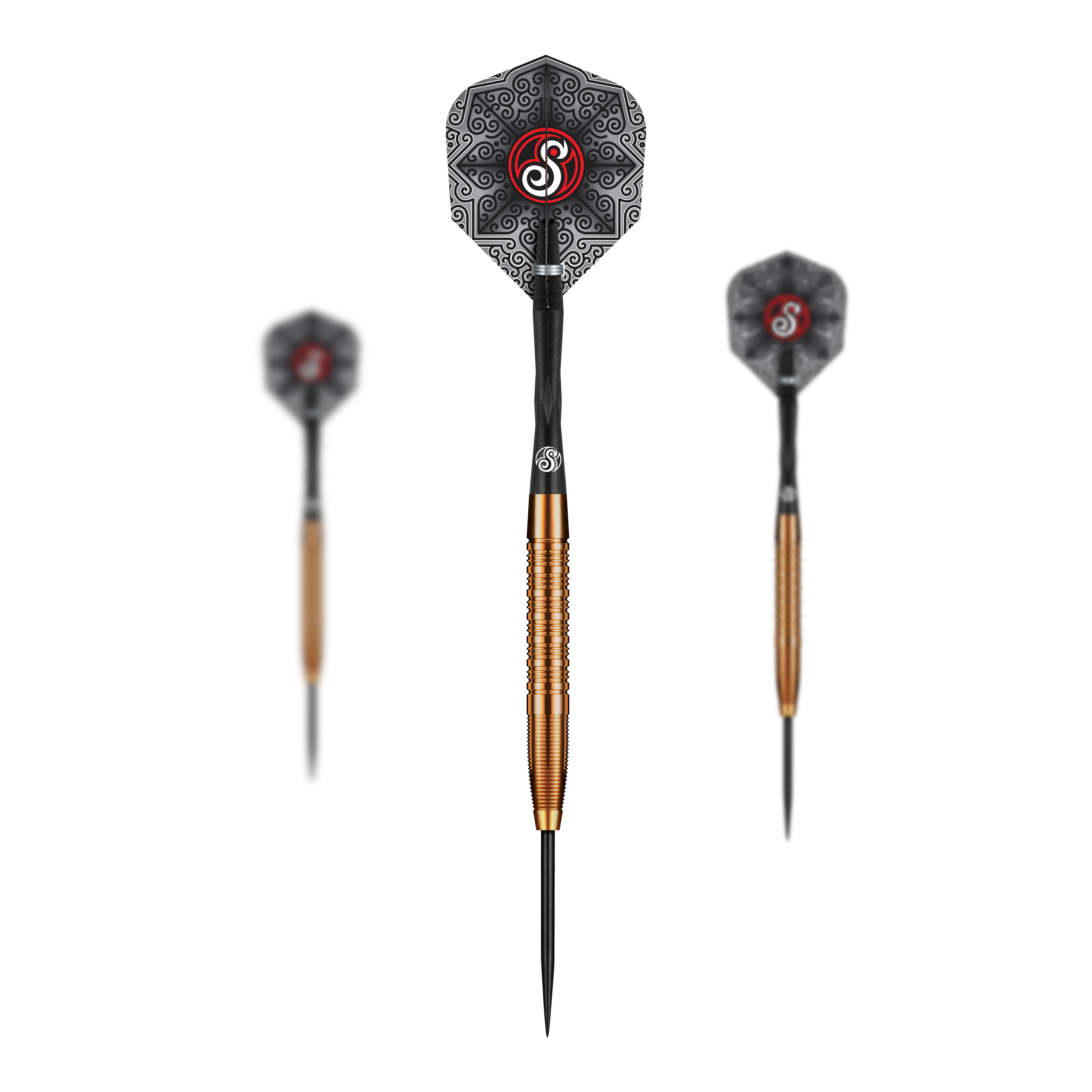 Lotki stalowe Shot Pro Series Jake Womack - 23 g Das Bild zeigt die Shot Pro Series Jake Womack Steeldarts - 23g. Die Darts haben einen goldfarbenen Schaft und ein schwarzes Flight mit auffälligem Muster und rotem Logo.