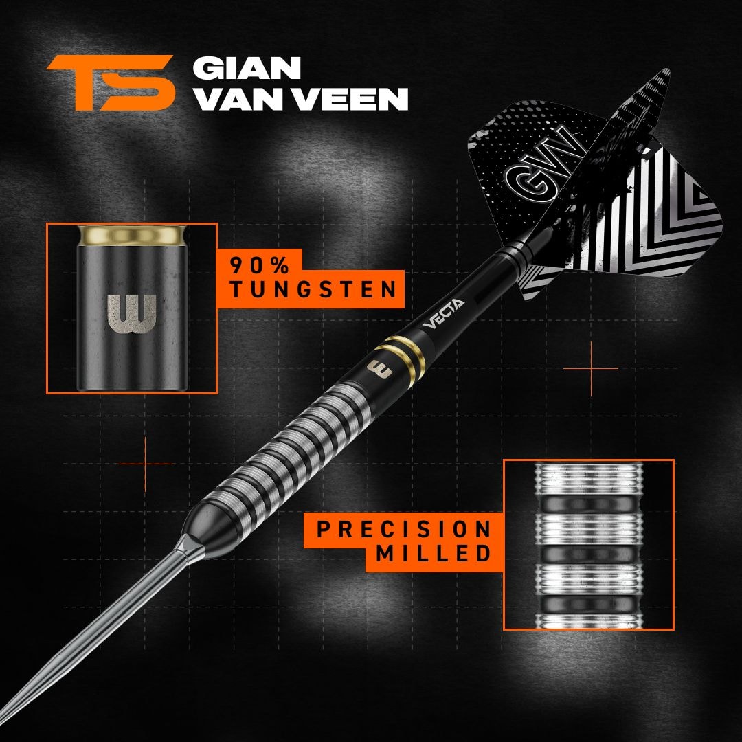 Stalowe rzutki Winmau Gian Van Veen TS Switch Point Das Bild zeigt Winmau Gian Van Veen TS Switch Point Steeldarts. Drei Darts mit moderner Optik sind zu sehen.