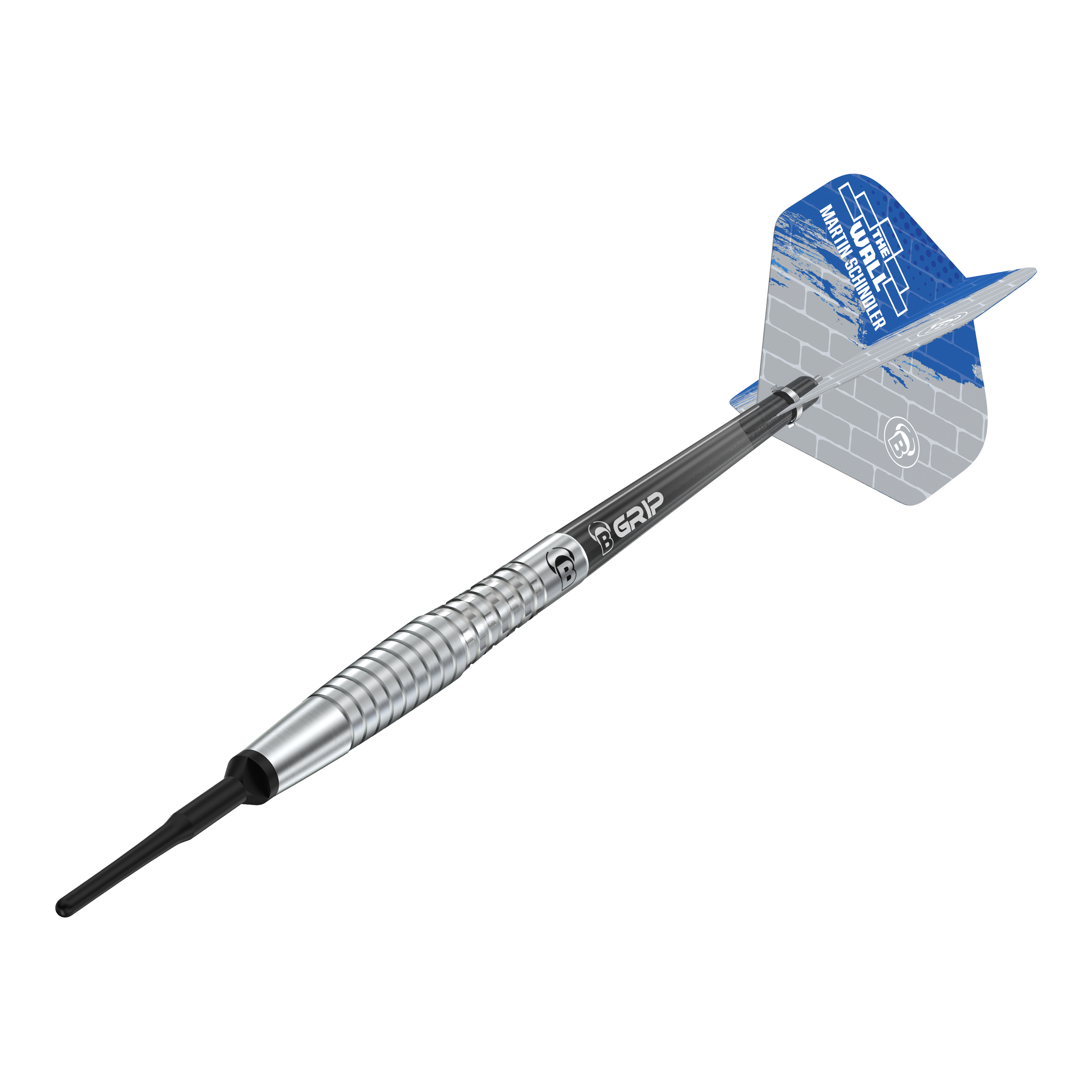 Das Bild zeigt den Softdart "Bulls Martin Schindler Original Generation 2". Der Dartpfeil hat einen silbernen, geriffelten Barrel und blaue Flights mit weißem Muster.