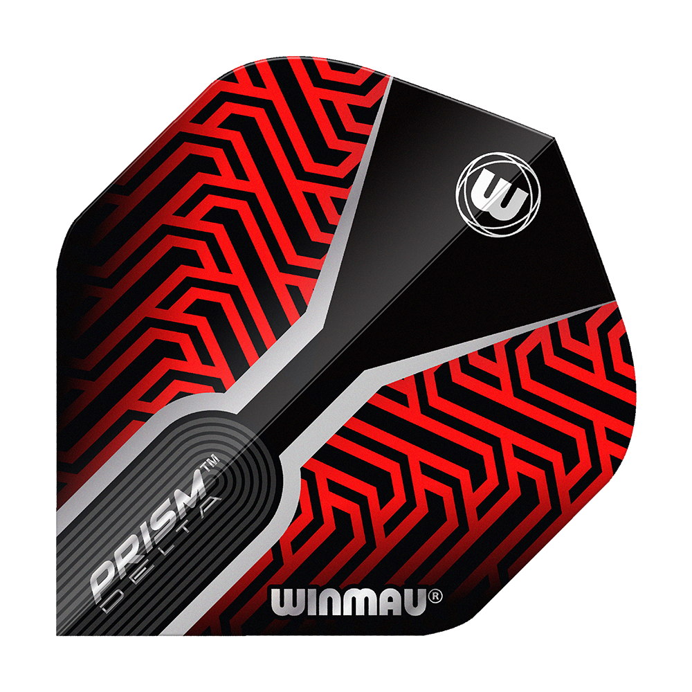 Dies ist das Winmau Prism Delta Kairos No2 Standard Flights Rot. Das Flight hat ein auffälliges rotes und schwarzes Muster mit geometrischen Linien und dem Winmau-Logo.