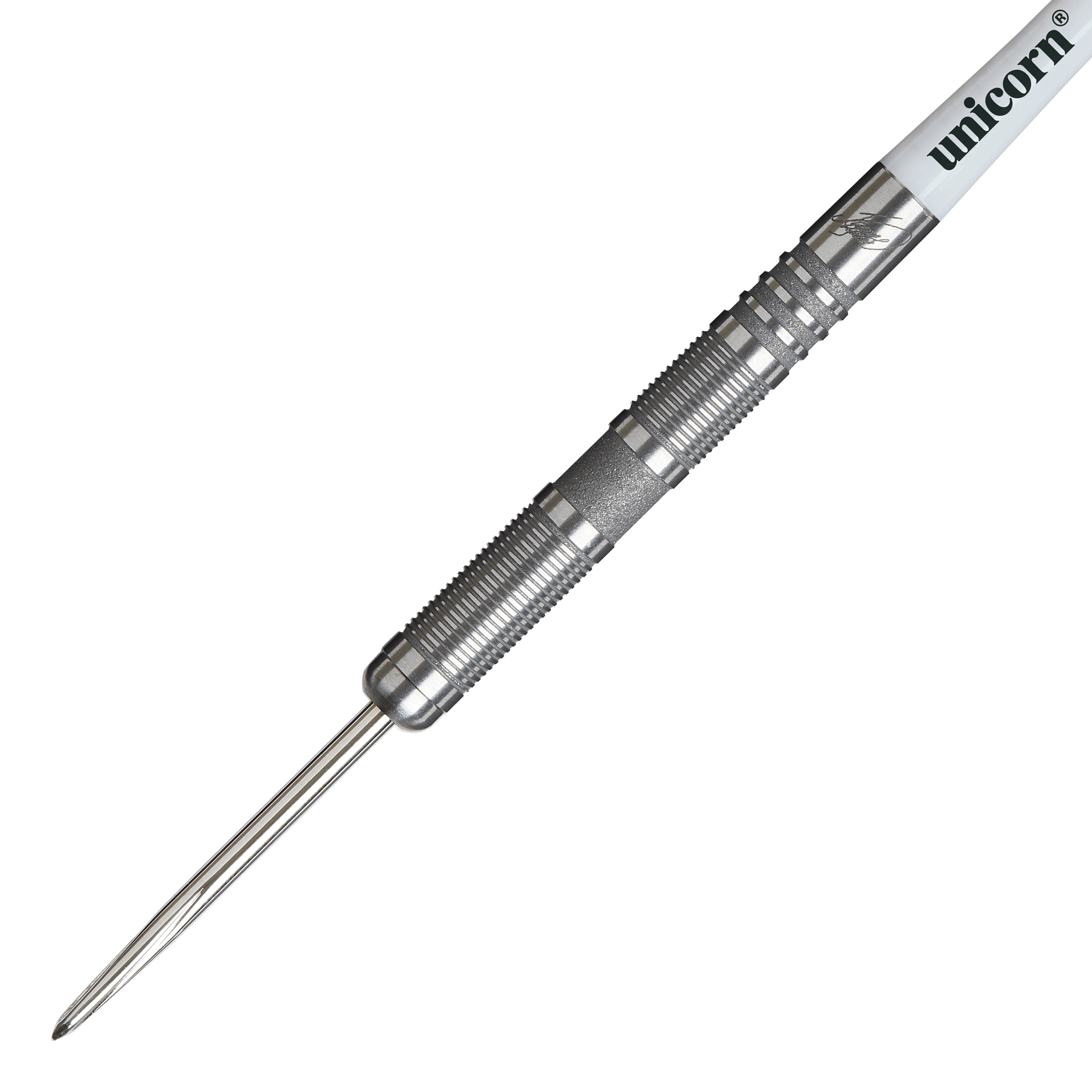 Das Bild zeigt einen Unicorn James Wade The Machine Range Phase 4 Steeldart. Der Dartpfeil ist silberfarben und hat eine geriffelte Griffzone für besseren Halt.