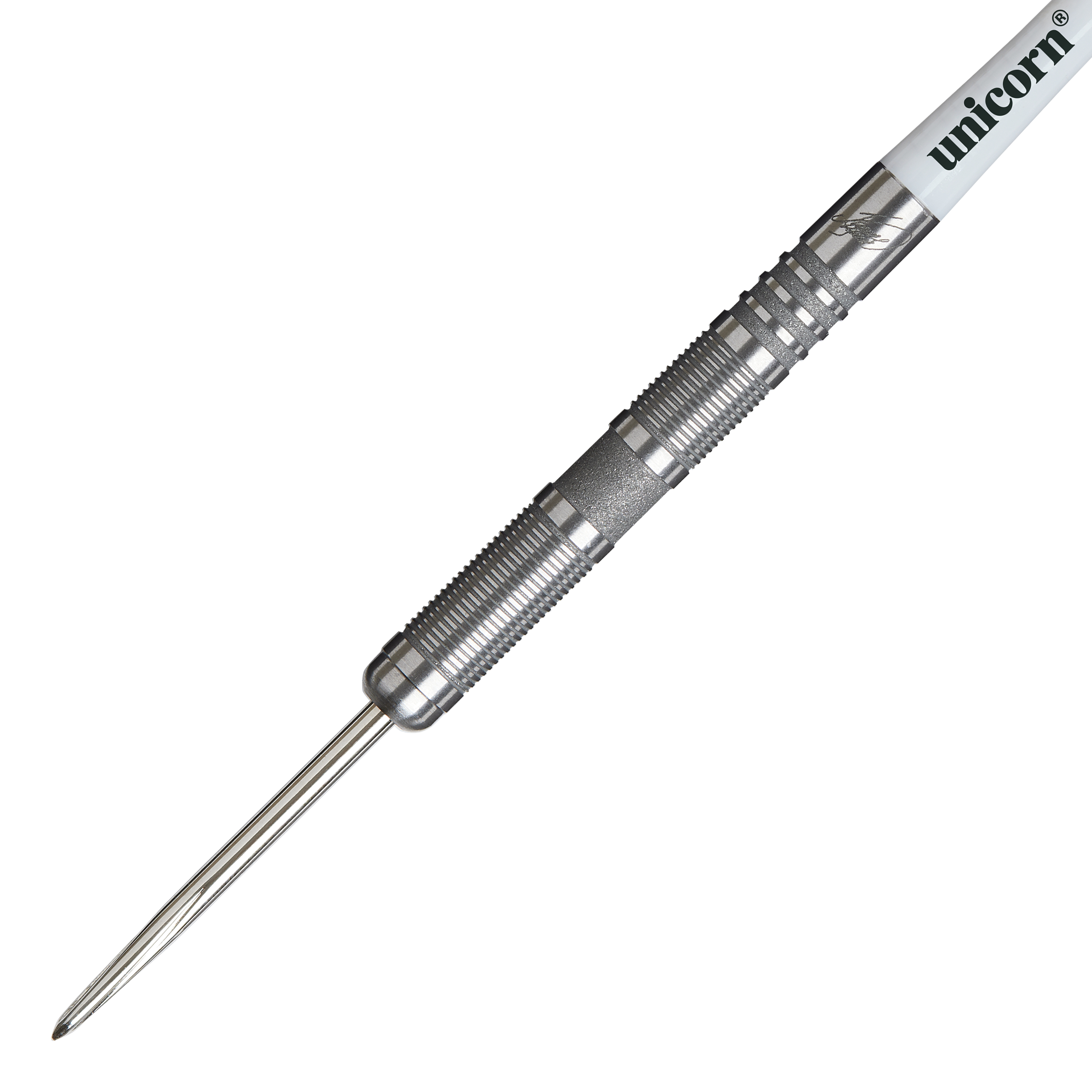Unicorn James Wade The Machine Range Phase 4 Steeldarts Das Bild zeigt einen Unicorn James Wade The Machine Range Phase 4 Steeldart. Der Dartpfeil ist silberfarben und hat eine geriffelte Griffzone für besseren Halt.