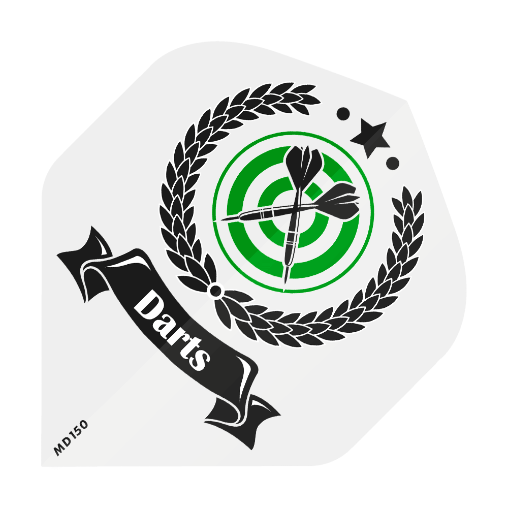Das Bild zeigt ein grünes Dartscheiben-Ziel mit zwei schwarzen Pfeilen in der Mitte, umgeben von einem Lorbeerkranz. Ein schwarzes Band mit dem weißen Schriftzug "Darts" verläuft quer durch das Bild.