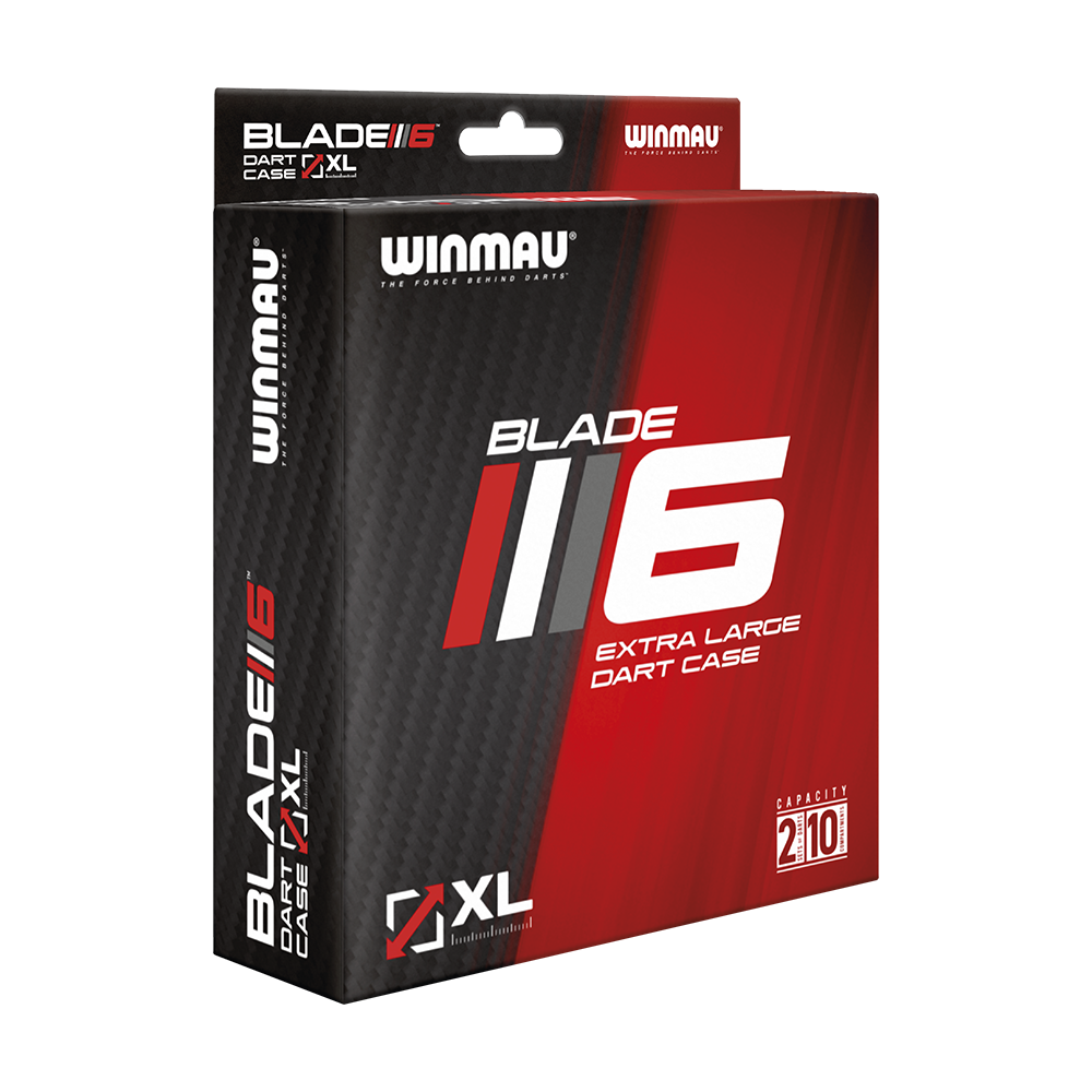 8134_Winmau_Blade_6_XL_Dartcase_3 Auf dem Bild ist die Verpackung des Produkts "Winmau Blade 6 XL Dartcase" zu sehen. Die Verpackung ist schwarz-rot gestaltet und hebt die extra große Kapazität des Dartcase hervor.
