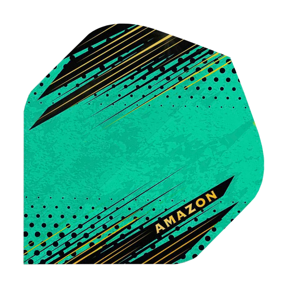 A44_Amazon_ORO_Standard_Flights_Aqua_1 Das Bild zeigt ein Amazon ORO Standard Flights Dartflügel in Türkis mit schwarzen und gelben Grafikelementen. Auf dem unteren Teil steht das Wort "Amazon" in gelber Schrift.