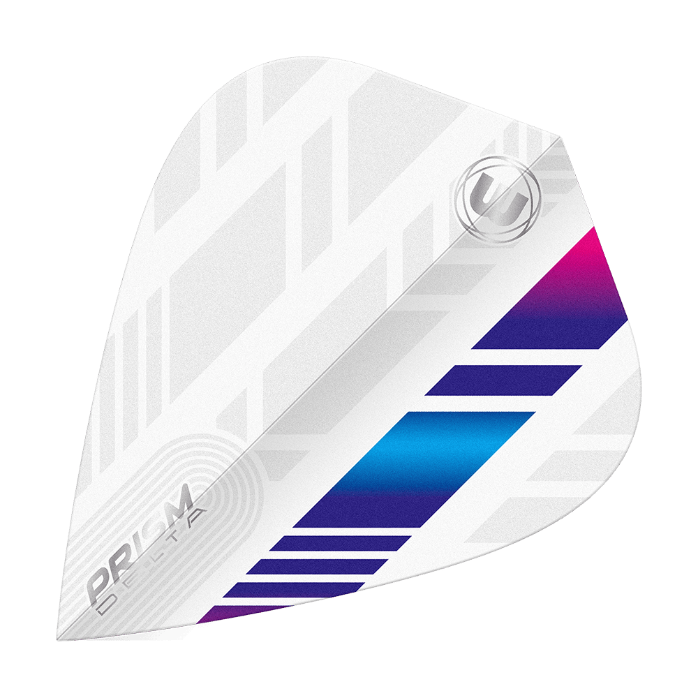 Loty latawcem Winmau Delta Biały Niebieski Fioletowy Das Bild zeigt ein weißes Dart-Flight mit blauen und violetten Akzenten. Das Design ist modern mit geometrischen Mustern und trägt die Aufschrift „PRISM DELTA“.