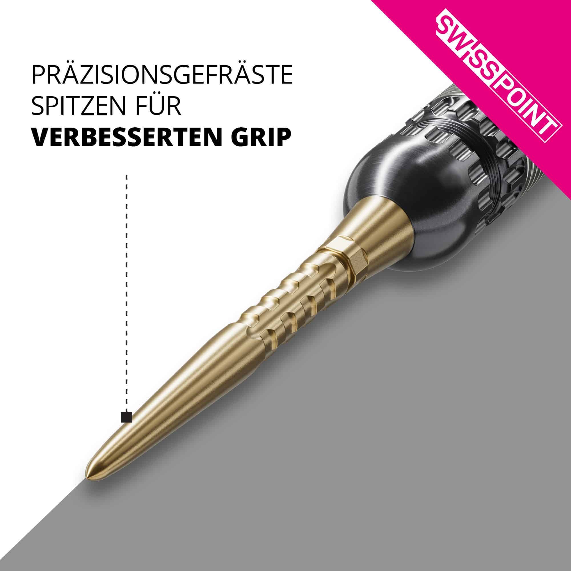 Stalowe groty do rzutek Target Swiss Point Storm Surge – złote Das Bild zeigt eine goldene Steeldartspitze mit präzisionsgefräster Oberfläche. Im Text wird ein verbesserter Grip durch diese spezielle Spitze hervorgehoben.