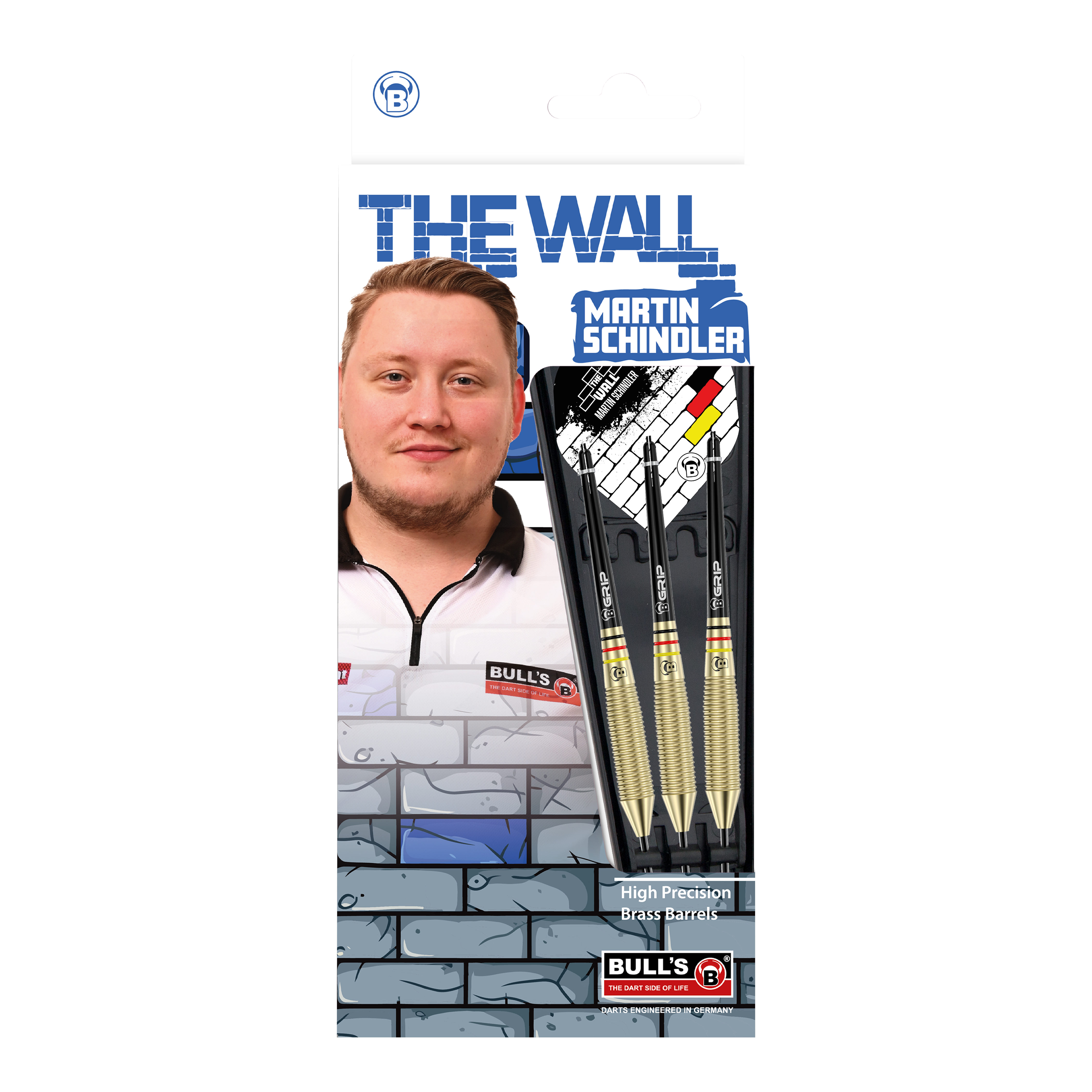 Byki Martin Schindler The Wall Brass Steeldarts Auf dem Bild ist die Verpackung der "Bulls Martin Schindler The Wall Brass Steeldarts" zu sehen. Sie zeigt ein Foto von Martin Schindler sowie drei Steeldarts mit Messing-Barrels.