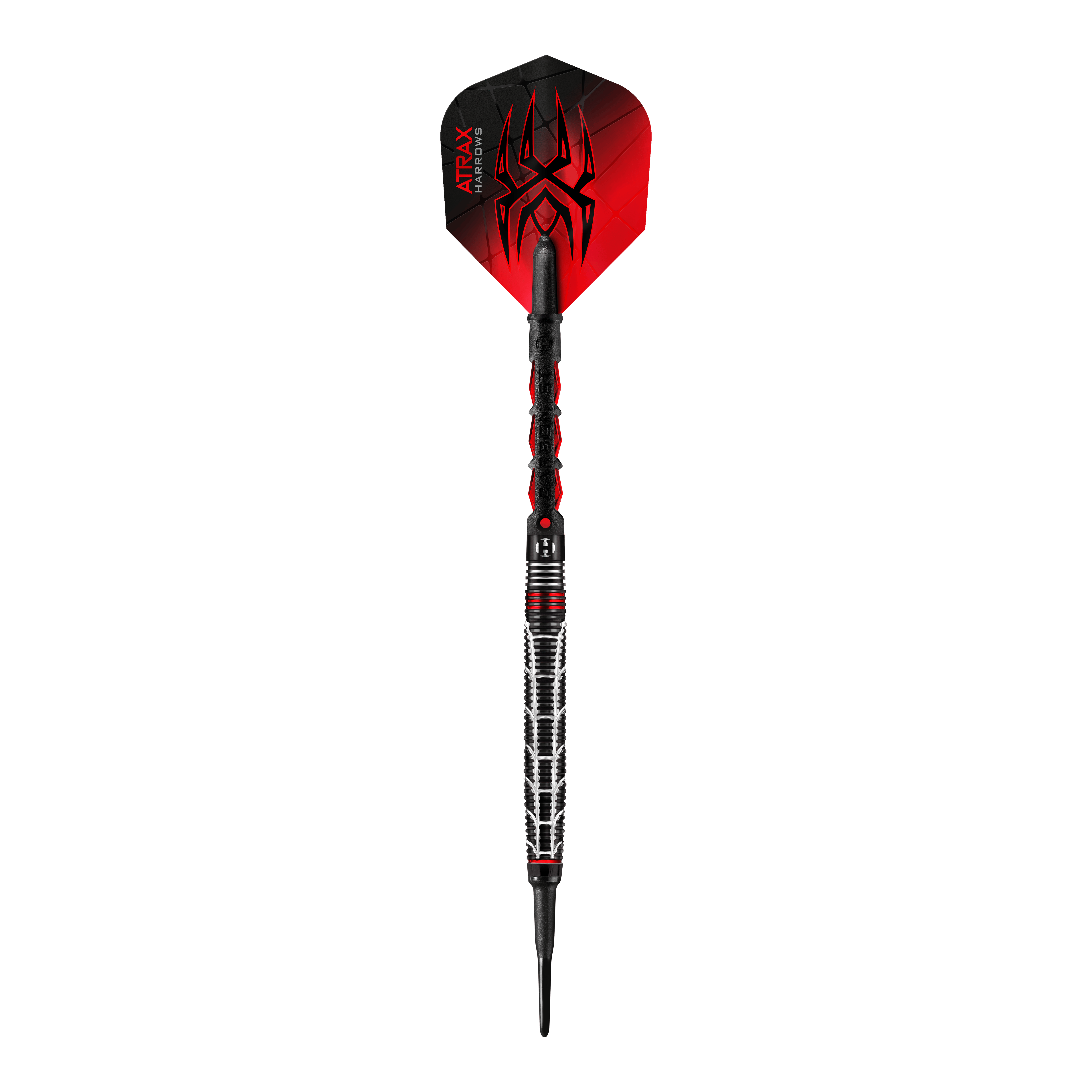 Harrows Atrax Softdarts Dies ist ein Softdartpfeil mit einem modernen, schwarzen und roten Design. Auf der Flights befindet sich ein auffälliges Spinnennetz-Muster.