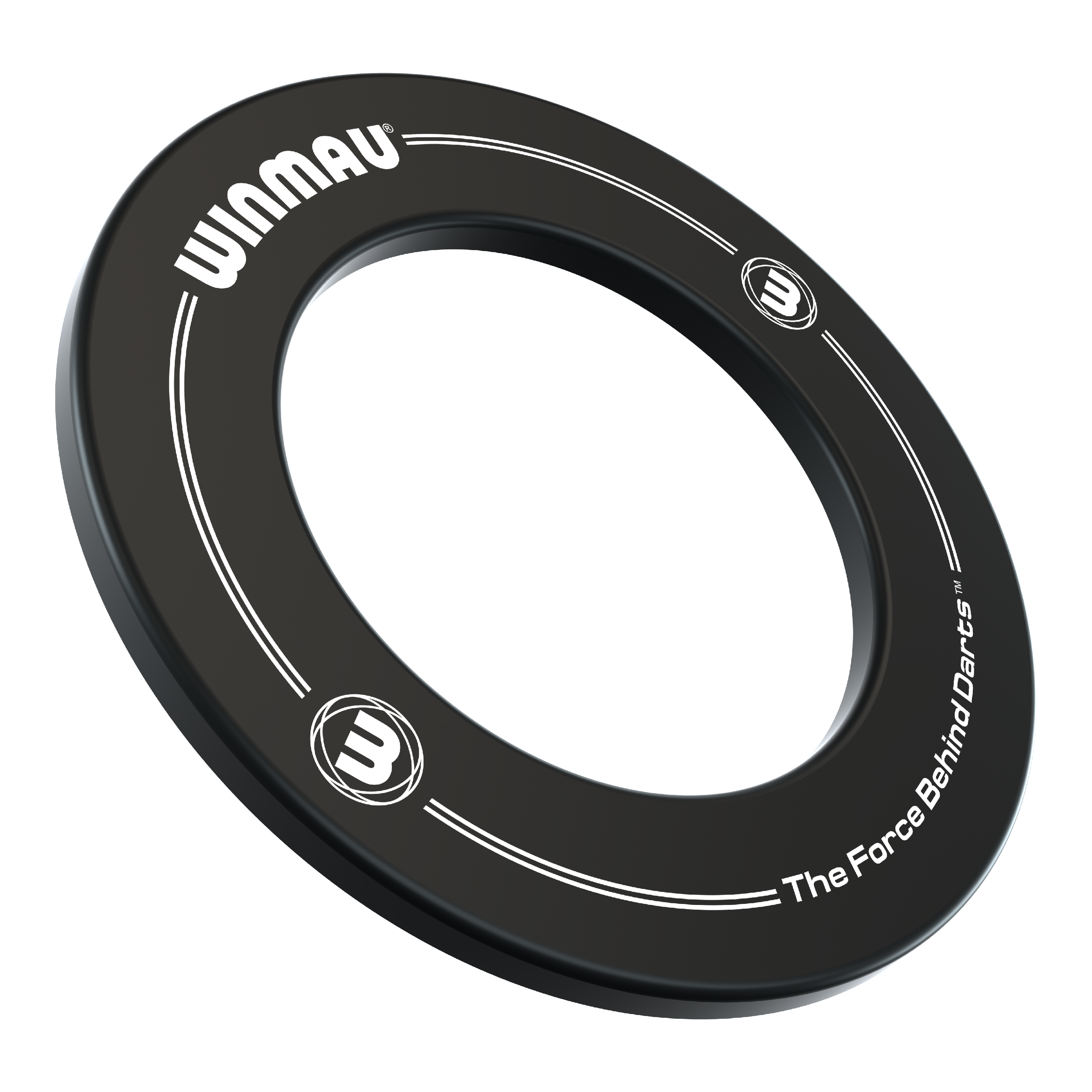 Das Bild zeigt einen schwarzen Dartboard-Surround-Ring mit der Aufschrift "WINMAU". Am Rand steht außerdem der Slogan "The Force Behind Darts".