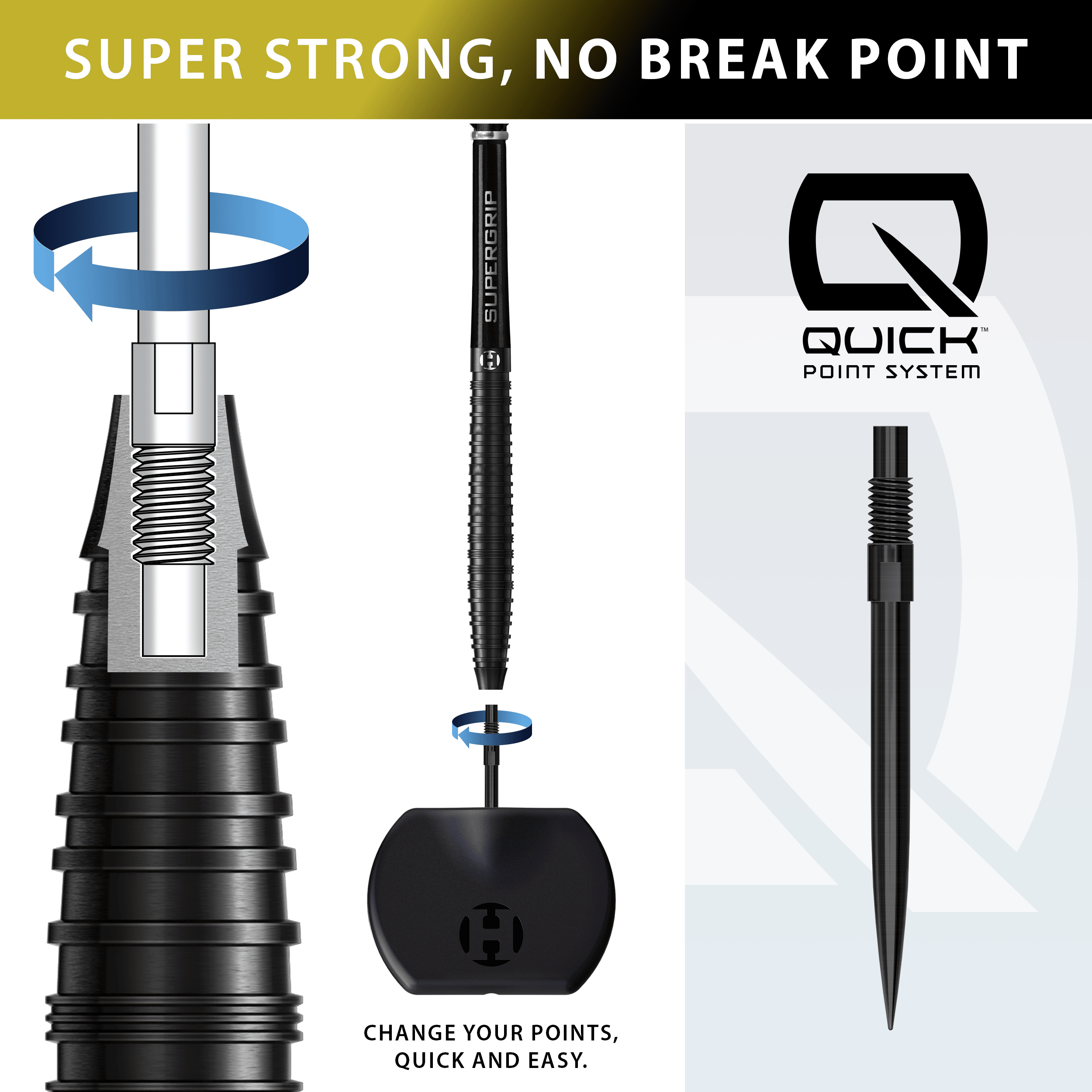 Auf dem Bild sind die Harrows NX90 Black Edition Tapered Quick Point Steeldarts zu sehen. Diese schwarzen Steeldarts sind für Präzision und Kontrolle konzipiert.