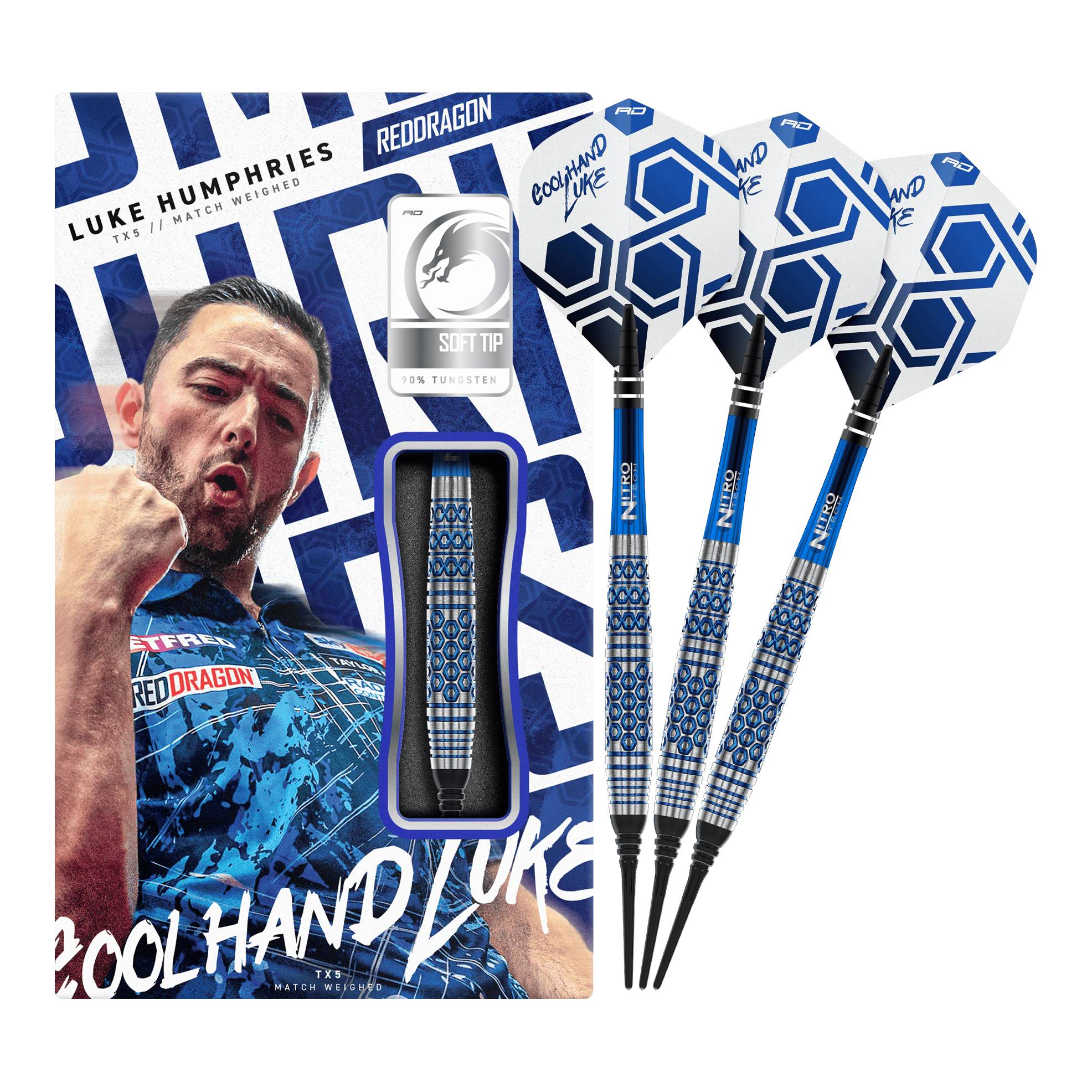 Red Dragon Luke Humphries TX5 Miękkie lotki - 20g Das Foto zeigt die Red Dragon Luke Humphries TX5 Softdarts - 20g in voller Länge. Sie sind für das Softdartspiel ausgelegt und wiegen 20 Gramm.