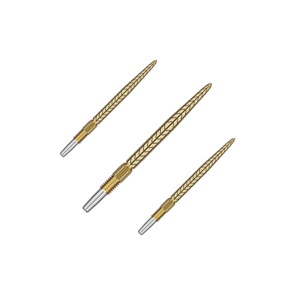 Groty do lotek Target Swiss Point RVE – złote Auf dem Bild sind drei goldene Dartspitzen mit silbernen Enden zu sehen. Sie sind fein gearbeitet und haben ein geprägtes Muster auf der Oberfläche.