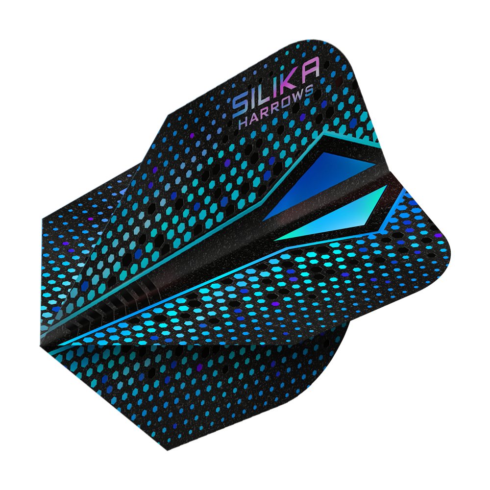 Harrows Silika Colorshift Twarda powłoka krystaliczna Blue-X No6 Loty Das Bild zeigt einen Harrows Silika Colourshift Tough Crystalline Coating Blue-X No6 Flight. Das Dart-Flight hat ein schwarzes Design mit blauen und türkisfarbenen Punkten und geometrischen Mustern.