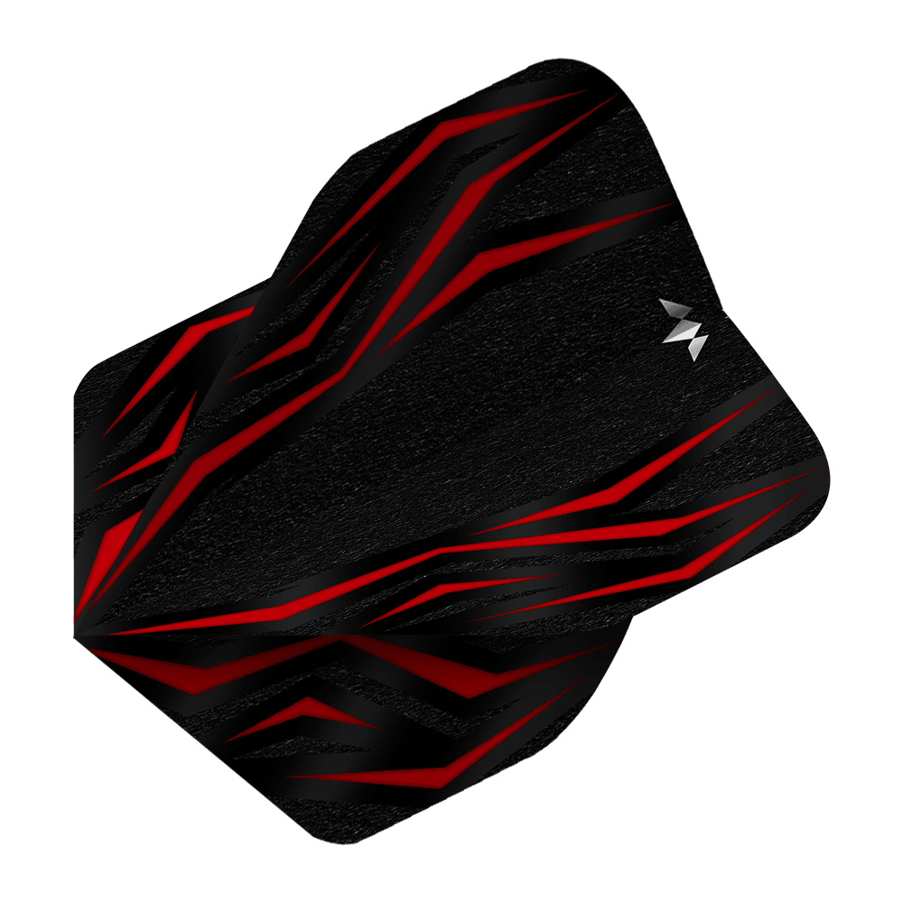 Misja Lava Red No2 Standardowe loty Das Bild zeigt einen Mission Lava Red No2 Standard Flight für Darts. Das Design ist überwiegend schwarz mit auffälligen roten Linien und einem kleinen weißen Logo.