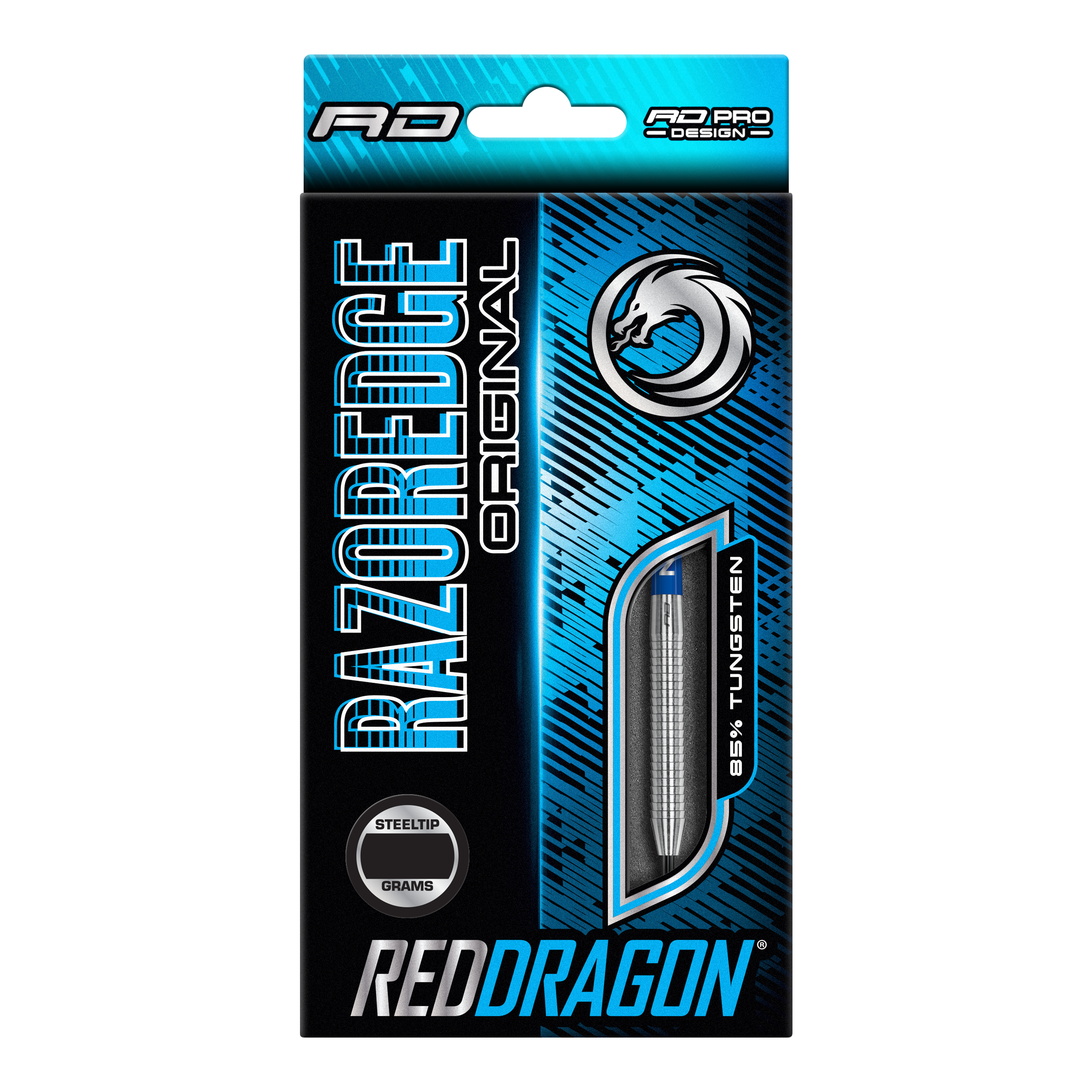 Oryginalne stalowe lotki Red Dragon Razor Edge Die Verpackung zeigt die "Red Dragon Razor Edge Original Steeldarts" mit einem Gewicht von 24 Gramm. Das Design ist blau-schwarz und hebt hervor, dass die Darts aus 95 % Tungsten bestehen.