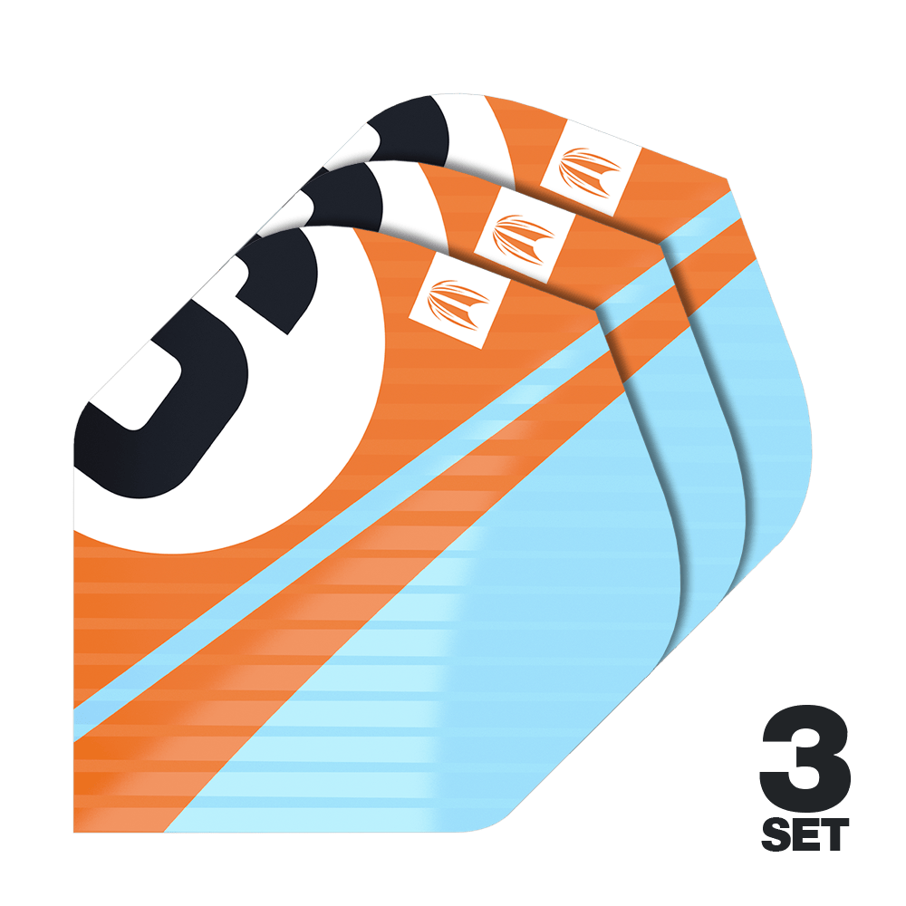 Loty standardowe Target Pro Ultra Chicane Orange No2 – 3 zestawy Das Bild zeigt drei Sätze der Target Pro Ultra Chicane Orange No2 Standard Flights. Die Flights sind orange und hellblau mit einem auffälligen schwarzen und weißen Design.