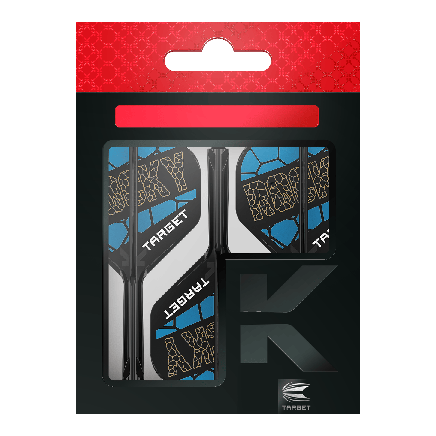 System wałów lotniczych Target K-Flex Josh Rock No2 Standard Das Bild zeigt das Produkt "Target K-Flex Josh Rock No2 Standard Flight-Shaft-System" in seiner Verpackung. Die Flights sind schwarz, blau und weiß gestaltet und tragen den Schriftzug "ROCKY" sowie "TARGET".