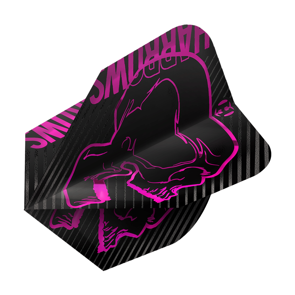 Loty Harrows Rage Pink nr 6 Dies ist ein Dartflight des Modells „Harrows Rage Pink No6“. Das Design ist schwarz mit einem auffälligen pinken Totenkopf und den Worten „Harrows“ in Pink.