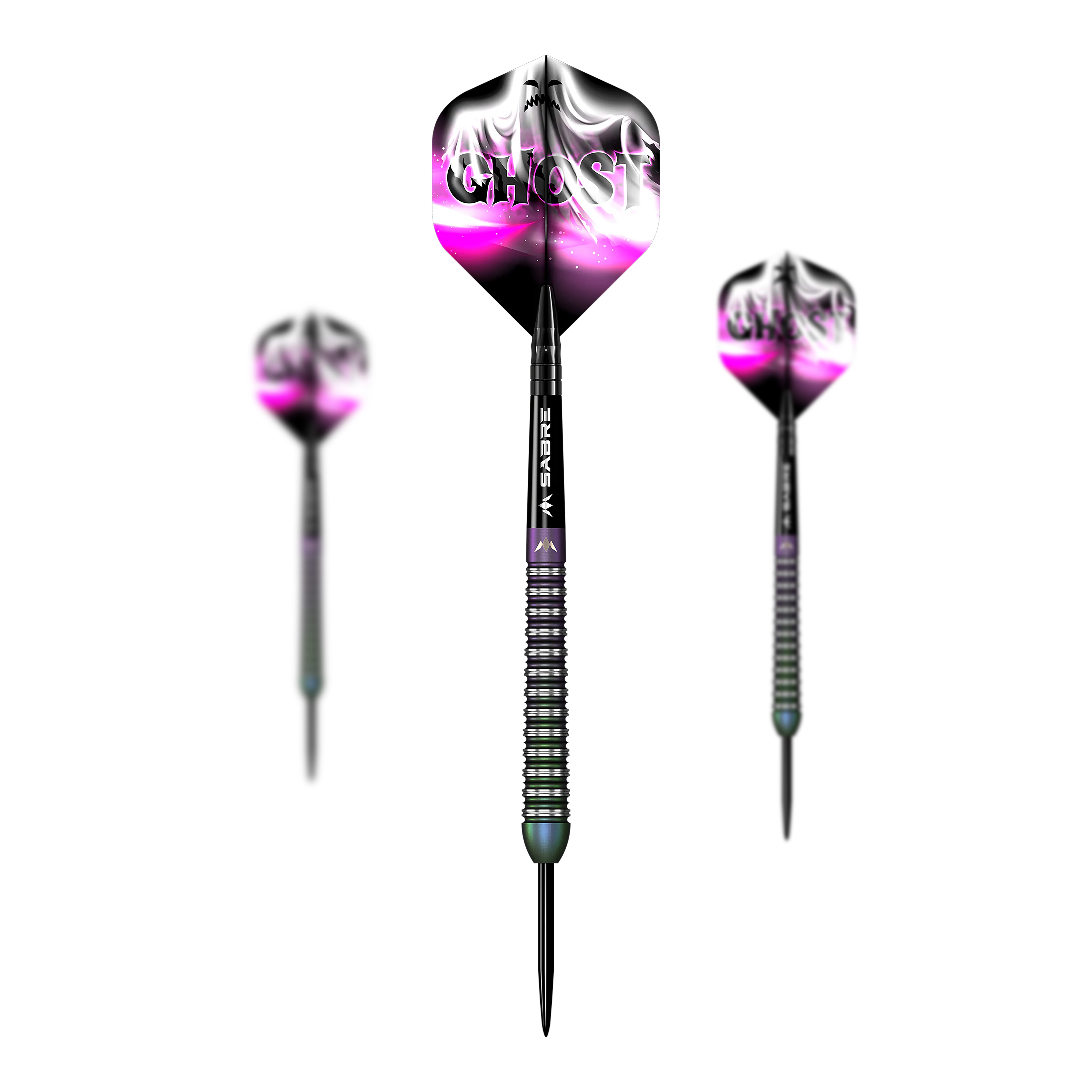Das Bild zeigt drei Steeldarts der Marke "Mission Bailey Marsh Ghost" mit einem Gewicht von 23g. Die Flights sind schwarz, weiß und pink gestaltet und tragen das Wort "GHOST".