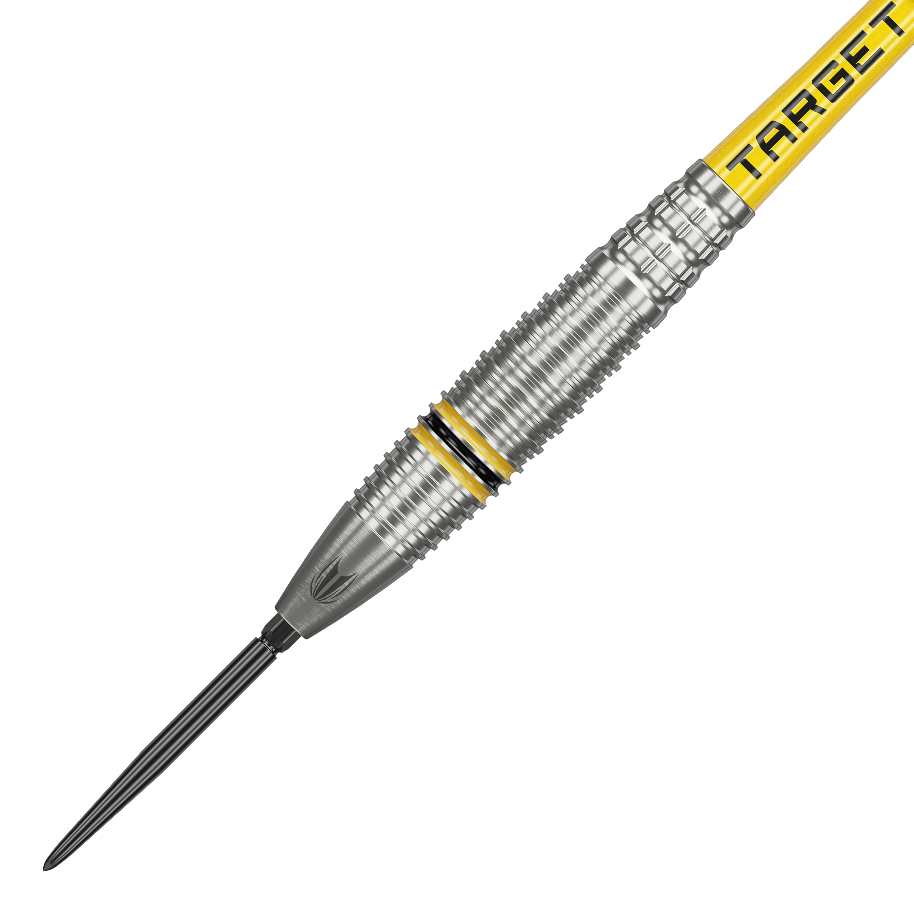 Target Scott Williams GEN2 Swiss Point Steeldarts Das Bild zeigt einen Target Scott Williams GEN2 Swiss Point Steeldart. Der Dart ist silberfarben mit gelben und schwarzen Akzenten sowie der Aufschrift "TARGET" auf dem Schaft.
