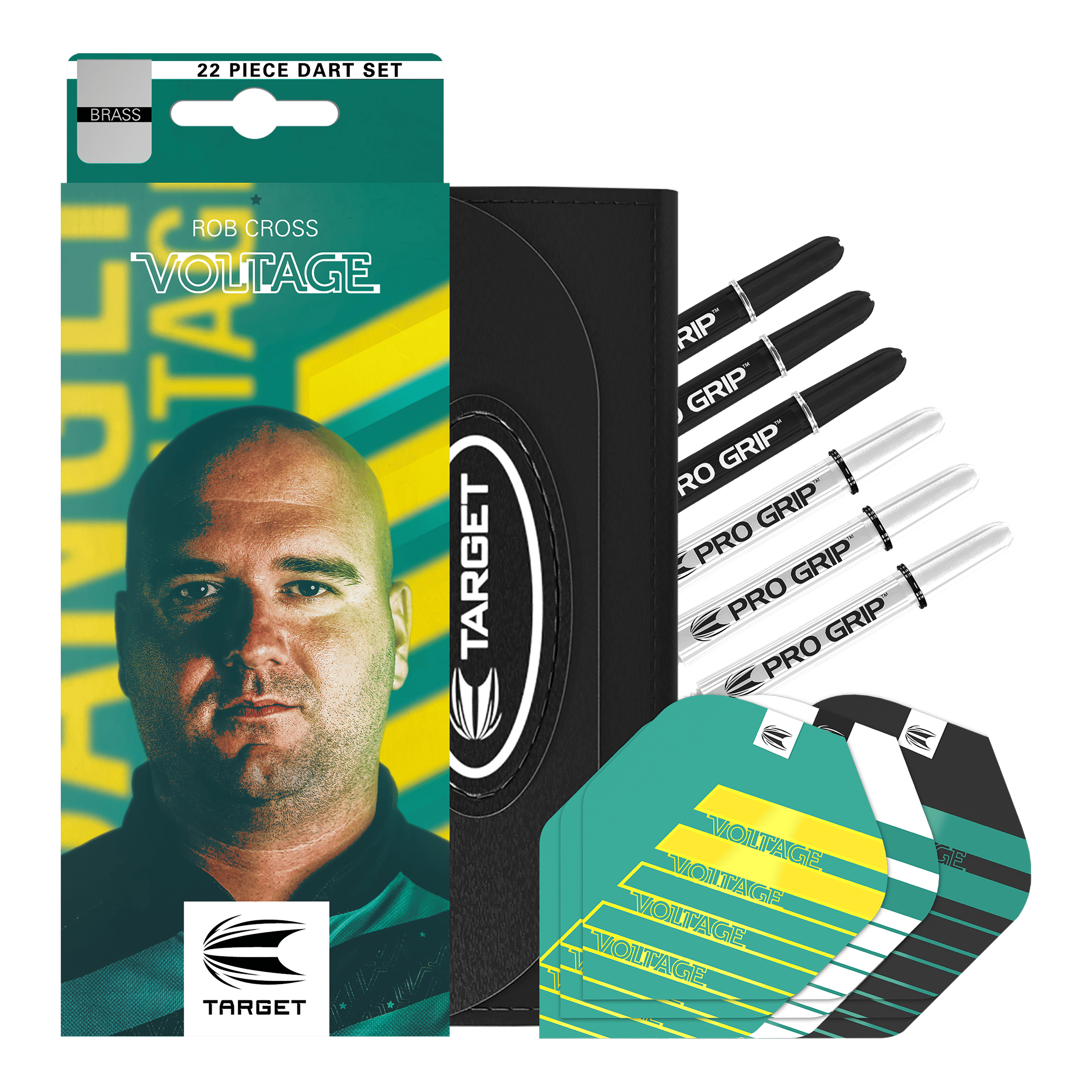 Lotki miękkie Target Rob Cross Brass - 18g Das Bild zeigt das Produkt „Target Rob Cross Brass Softdarts - 18g“ in einer auffälligen Verpackung mit dem Bild eines Mannes und dem Schriftzug „VOLTAGE“. Neben der Verpackung sind verschiedene Dartteile wie Shafts, Flights und ein Etui zu sehen.