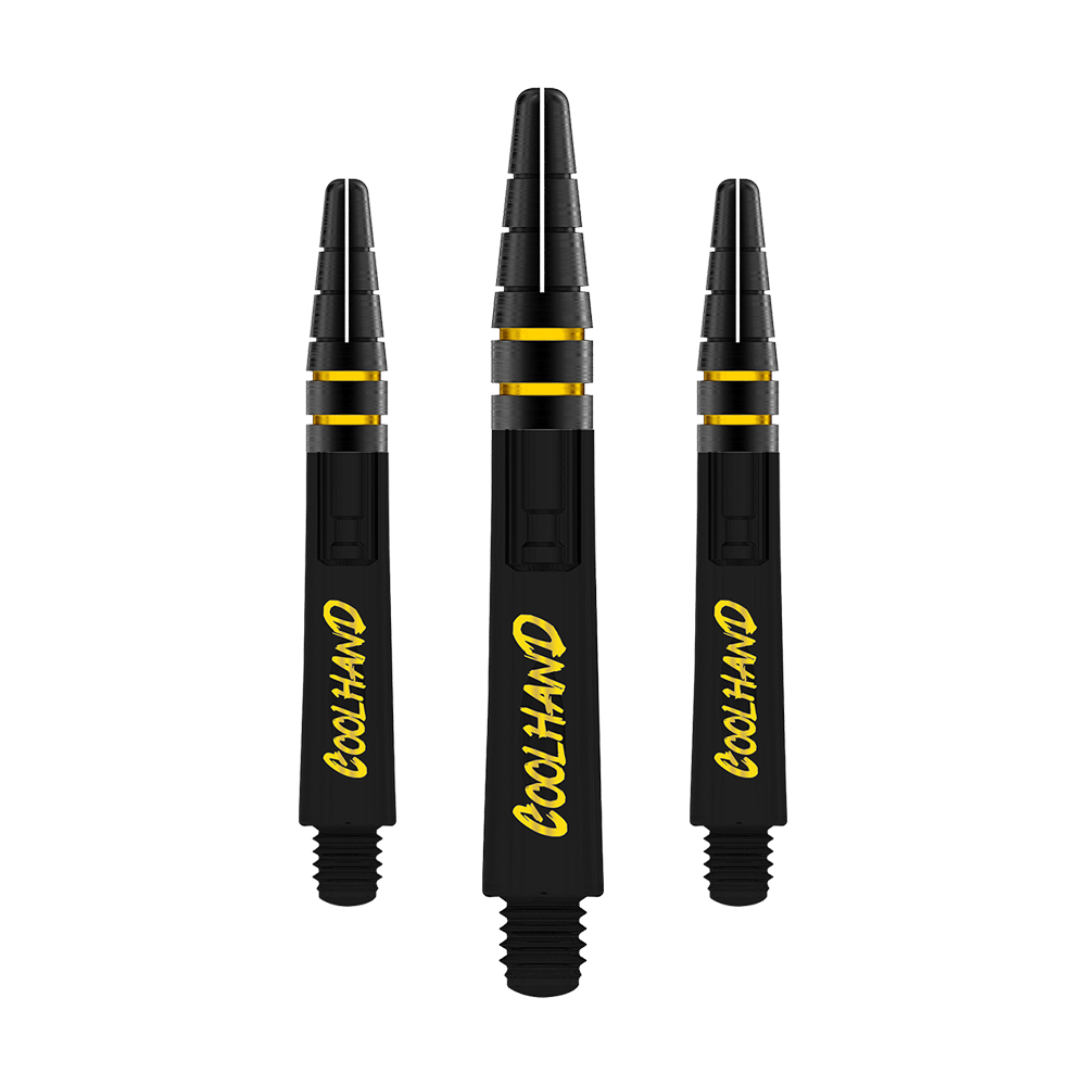 Red Dragon Nitrotech Luke Humphries Coolhand Shafts - Czarny Auf dem Bild sind drei schwarze Dartschäfte mit gelber Aufschrift "COOLHAND" zu sehen. Die Schäfte haben goldene Akzente und sind 36 mm lang.