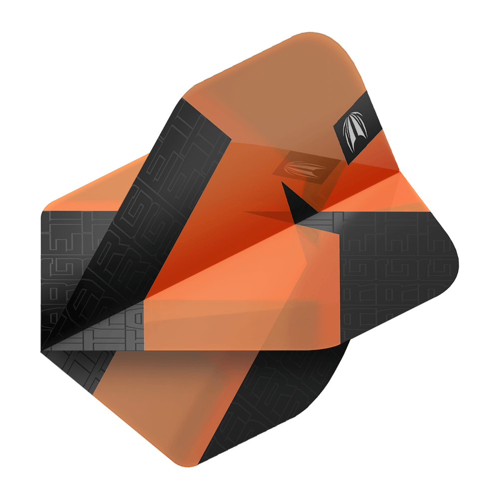Target Pro Ultra TAG Orange No2 Standardowe lotki - 3 zestawy Das Bild zeigt orangefarbene und schwarze Dart-Flights mit einem modernen Design. Es handelt sich um das Produkt "Target Pro Ultra TAG Orange No2 Standard Flights - 3 Sets".