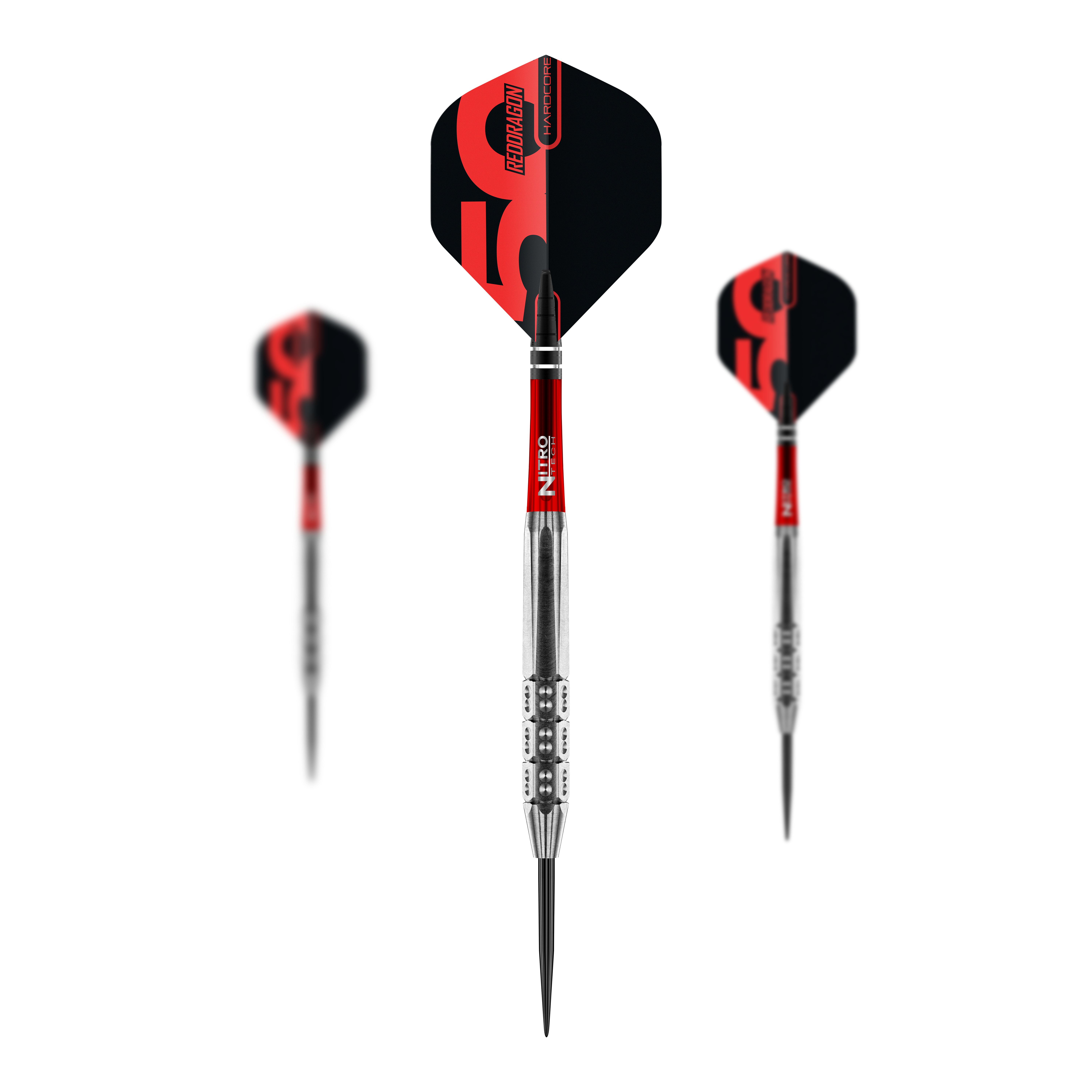 Das Bild illustriert ein Set der Red Dragon 50 Year Collection Hexoset 3 Steeldarts mit 25g Gewicht. Diese Steeldarts sind Teil einer limitierten Sammleredition.