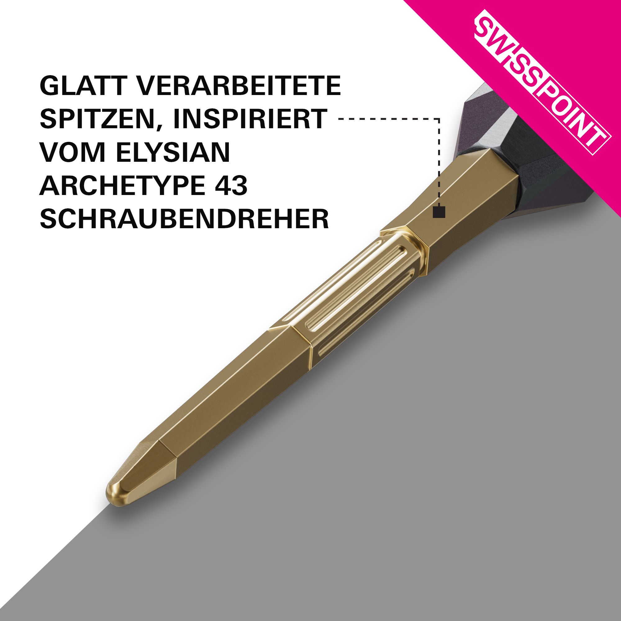 Groty do lotek Target Elysian Archetype 43 Swiss Point Steel – złote Target Elysian Archetype 43 Swiss Point Steeldartspitzen in Gold werden abgebildet. Sie sind hochwertige Dartspitzen für professionelle Dartspieler.