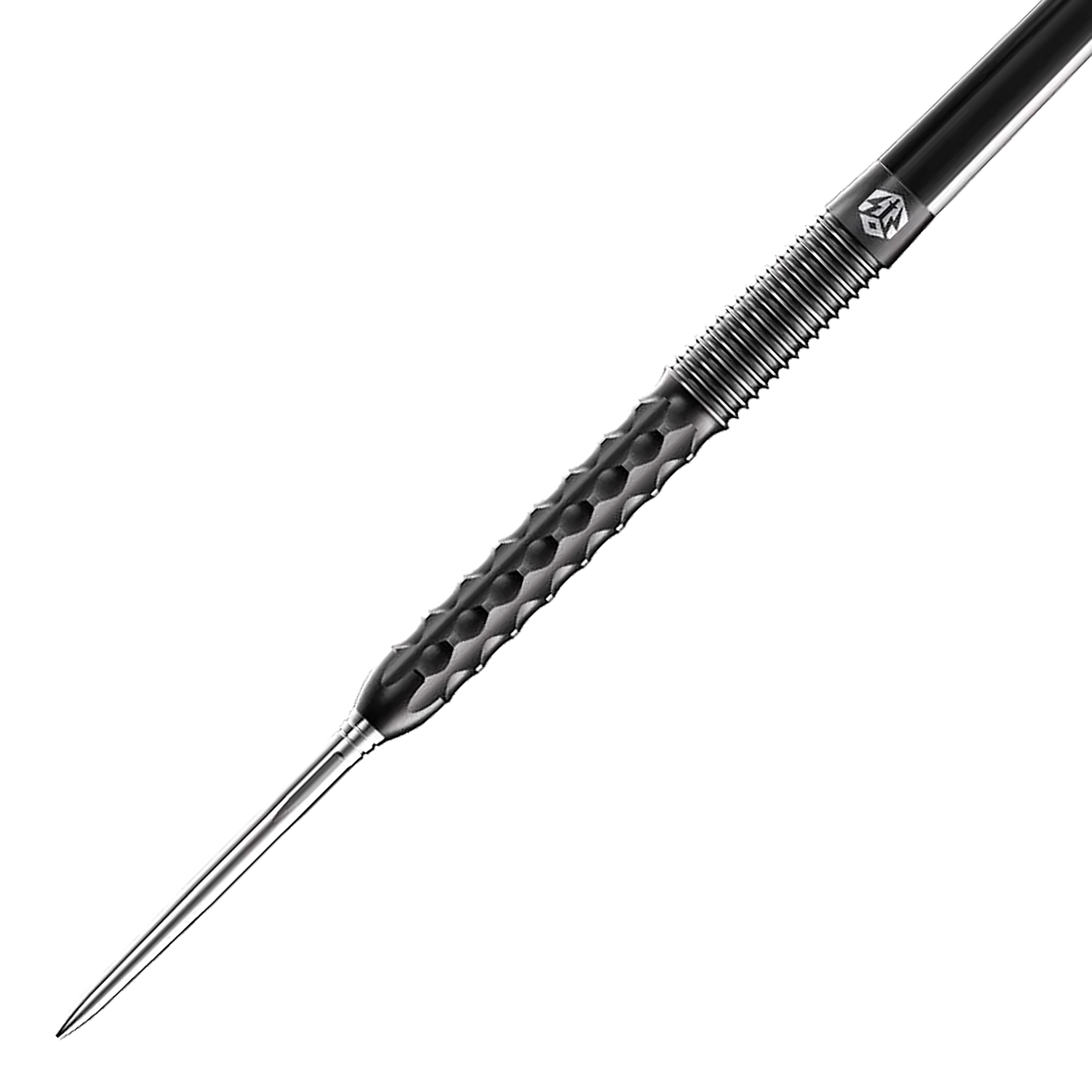 Stalowe lotki Caliburn Sword S1 Das Bild zeigt einen Caliburn Sword S1 Steeldart. Der Dartpfeil hat eine silberne Spitze und einen schwarz strukturierten Griff.