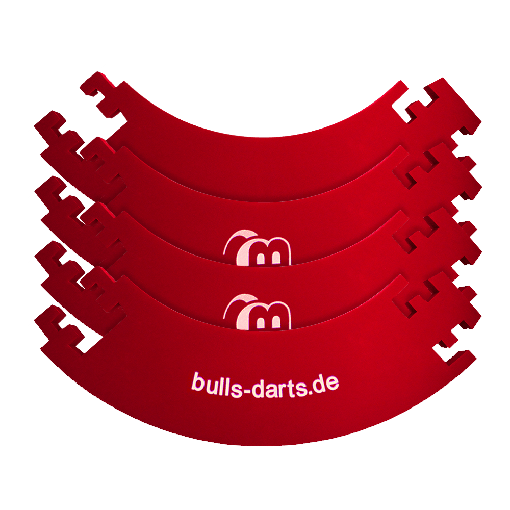 DBS3R_Bulls_Quarterback_Surround_Rot_3 Das Bild zeigt vier rote Viertelkreise mit dem Aufdruck „bulls-darts.de“. Diese Teile gehören zum Produkt „Quarterback Surround“ für eine Dartscheibe.
