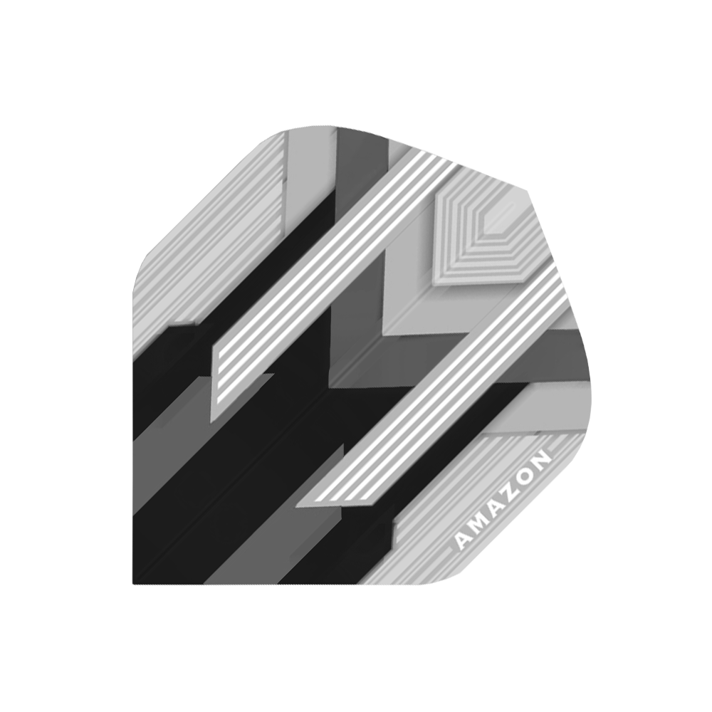 A37-Amazon-Flights-No2-Black Das Bild zeigt das Produkt "Amazon Silver No.2 Black Flights". Es ist ein schwarzer Dartflug mit silbernen und grauen Streifen sowie dem Schriftzug "AMAZON" in einer Ecke.