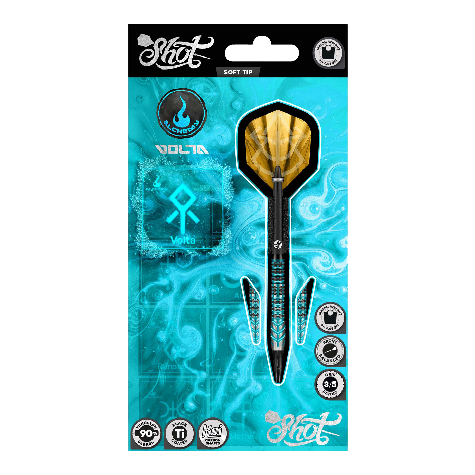 Lotki Shot Alchemy Volta Soft Darts - 20g Abgebildet sind die Shot Alchemy Volta Softdarts - 20g aus einer detaillierten Ansicht. Diese Softdarts eignen sich gut für das Dartspiel.