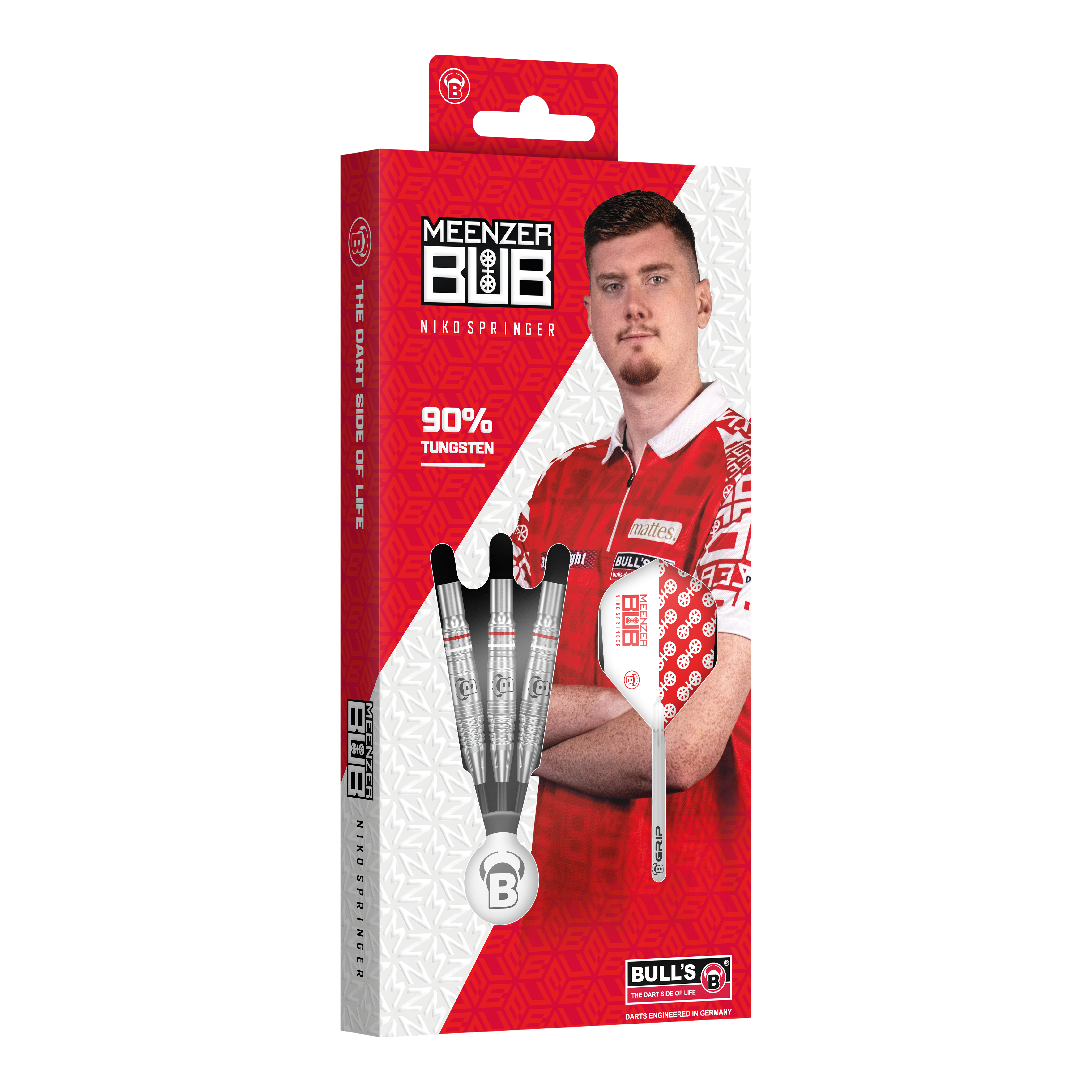 Die Verpackung zeigt die Bulls Niko Springer Steeldarts mit 90% Tungsten. Auf der Vorderseite ist ein Bild von Niko Springer in rotem Trikot zu sehen.
