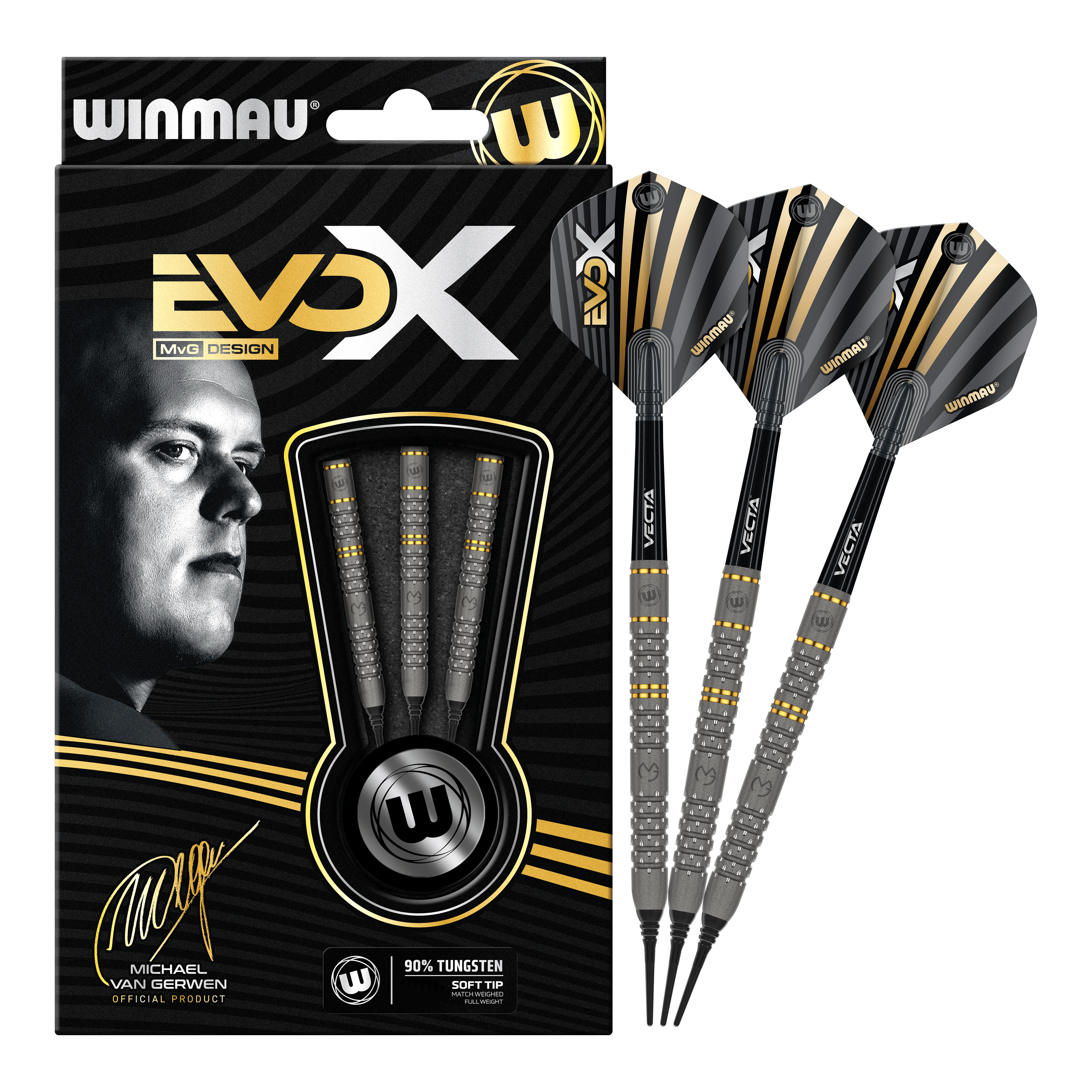 Miękkie rzutki Winmau Michael Van Gerwen Evo-X - 20g Das Bild zeigt das Produkt "Winmau Michael Van Gerwen Evo-X Softdarts - 20g" in seiner Verpackung. Neben der Verpackung sind drei zusammengebaute Softdarts mit schwarz-goldenem Design zu sehen.
