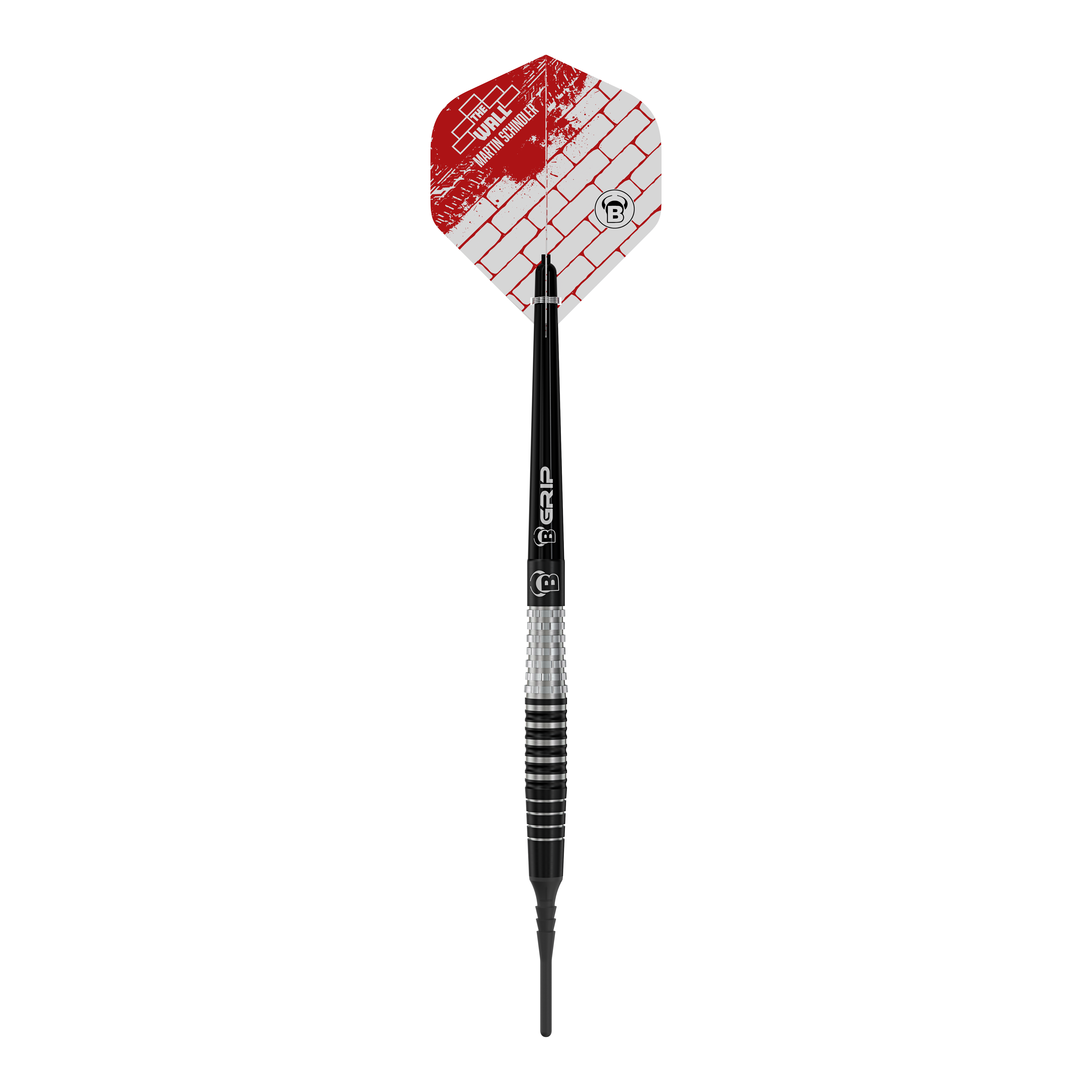 Das Bild zeigt einen Bulls Martin Schindler Original Generation 3 Softdart. Der Dart hat eine schwarz-silberne Struktur mit einer roten und weißen Flights mit Ziegelmuster.